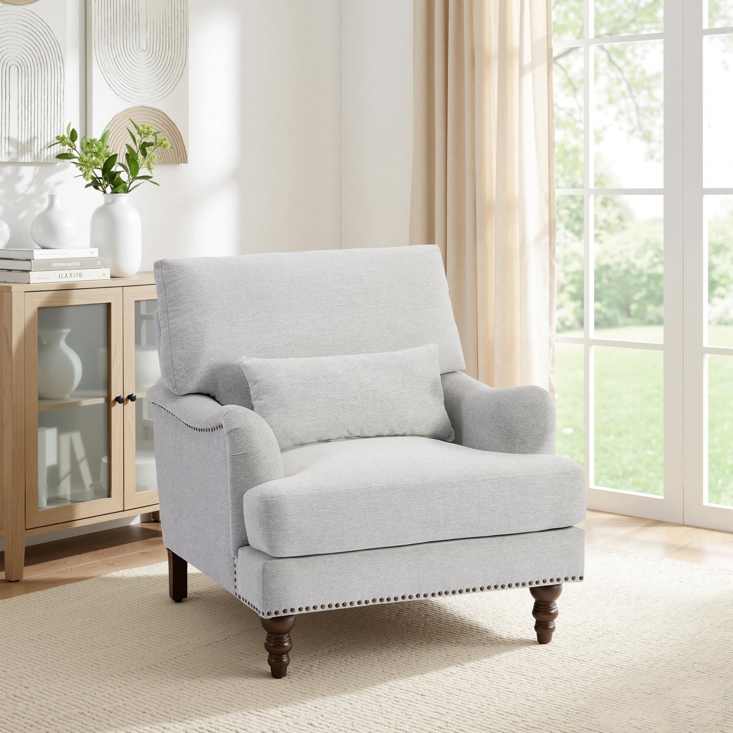 Accent Chair for Living Room, Upholstered Armchair with Nailhead Trim & Solid Wood Legs, Mid Century Modern Club Chair for Bedroom/Reading Room, Rococo Green