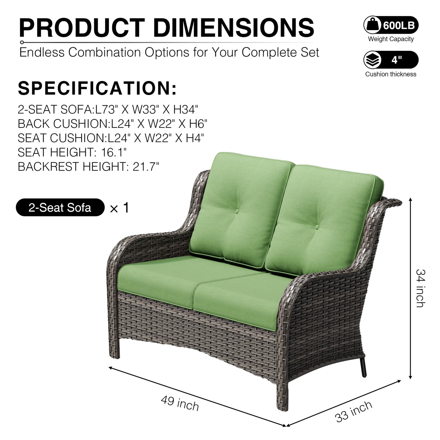 Joyside Outdoor Patio Couch,Outdoor Wicker Loveseat with High Back, Deep Seating, Wide Armrest, Thickened Cushions, Patio Loveseat for Deck, Porch Use