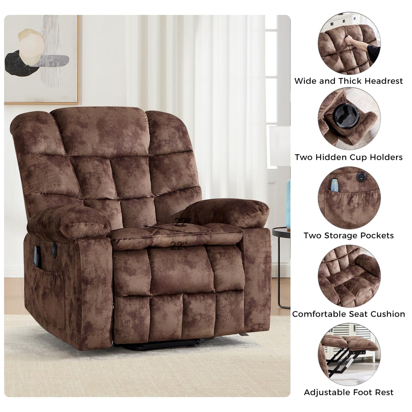 IOMOR Large Power Lift Recliner with Massage and Heat for Elderly, Heavy Duty & Safety Motion Reclining Mechanism, Ergonomic Electric Wider Chair with USB Port, 2 Hidden Cup Holders (1, Brown)