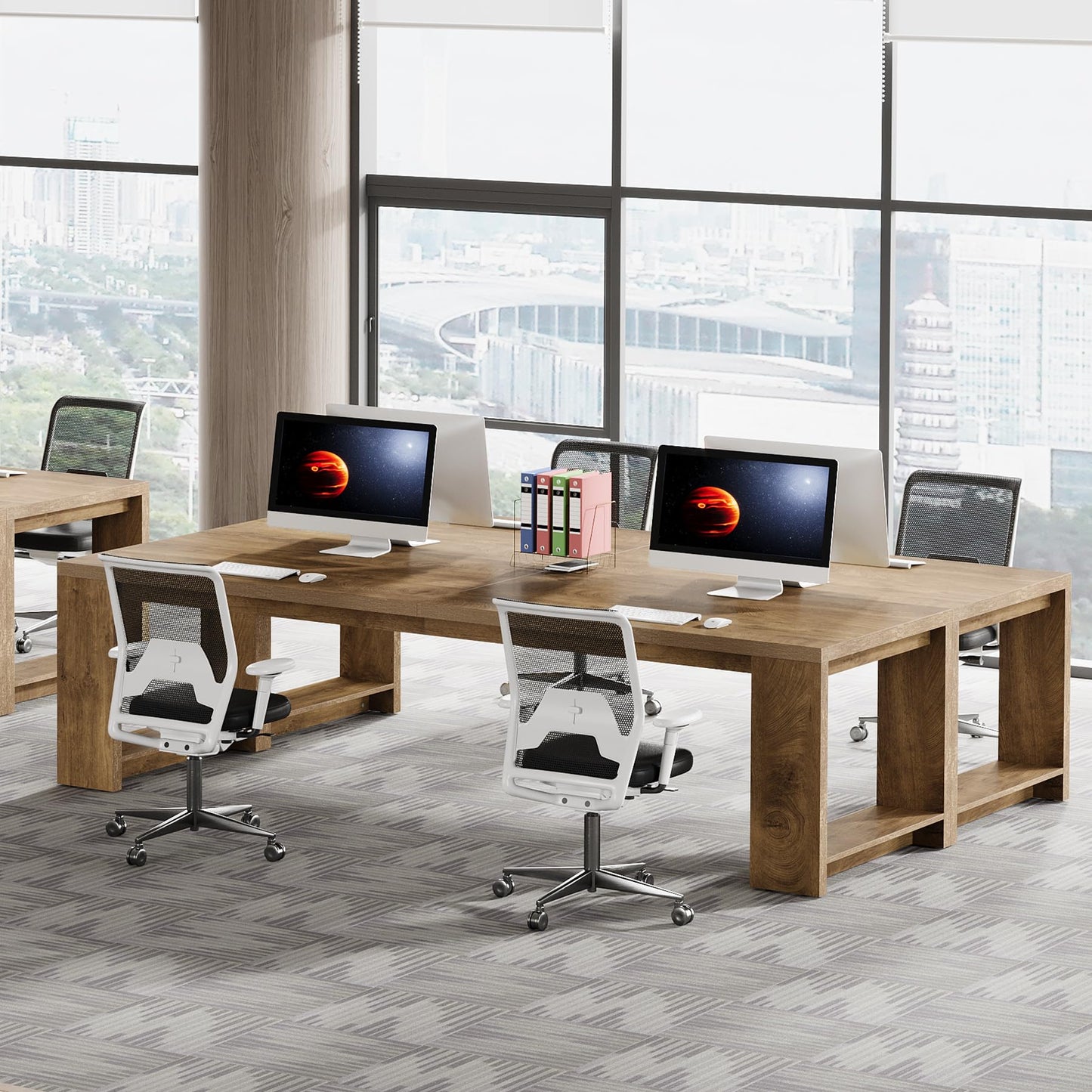 Tribesigns Two Person Desk, 86.6 Inches Extra Long Desk, Double Computer Writing Table, Wood Large Desks Workstation for Home Office, Natural Wood