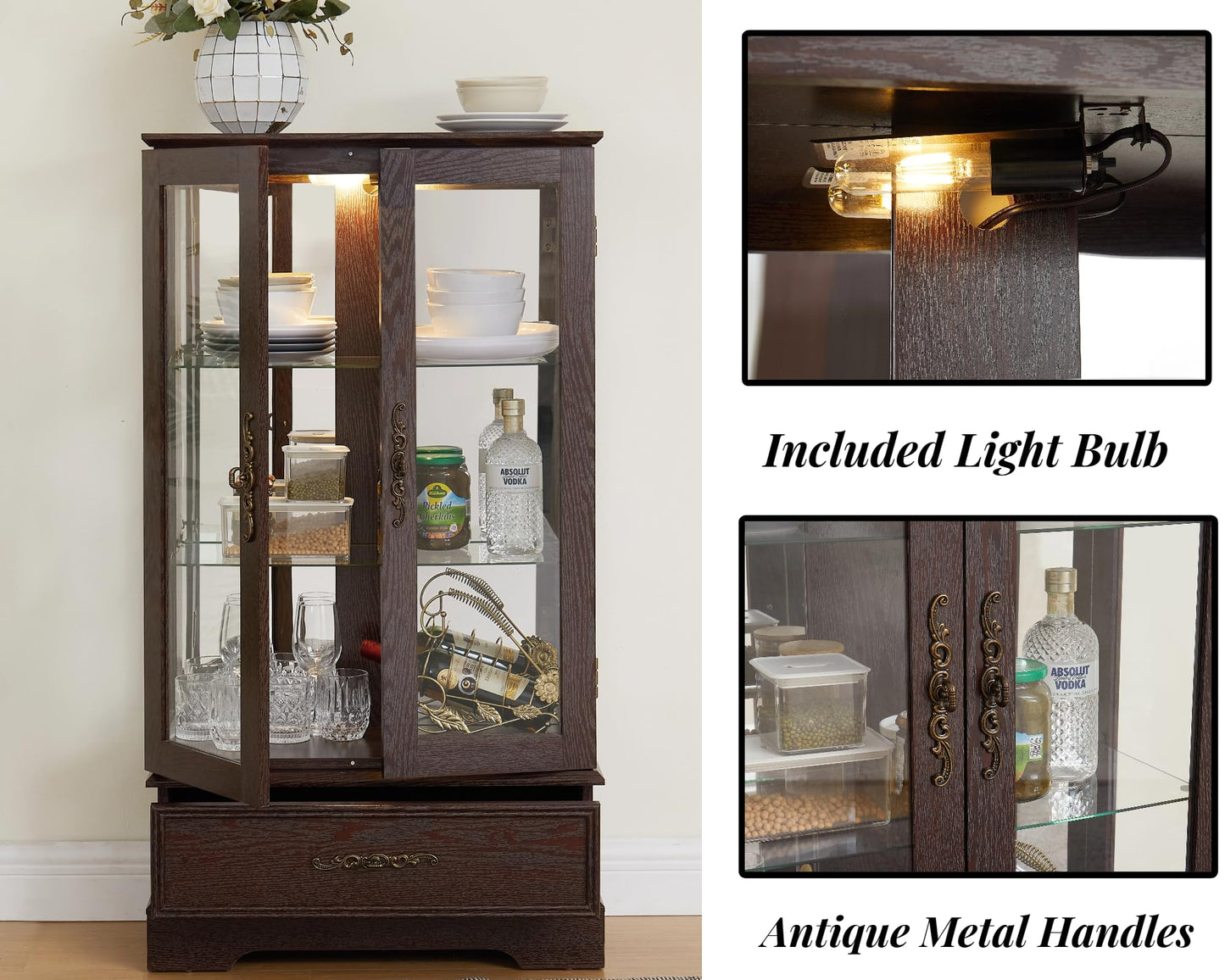 LKTART Curio Glass Display Cabinet,Storage Cabinet with Lights and Mirrored Back Panel,China Cabinet with Tempered Glass Doors and Shelves,Collectible Display Shelf,Included Bulb White