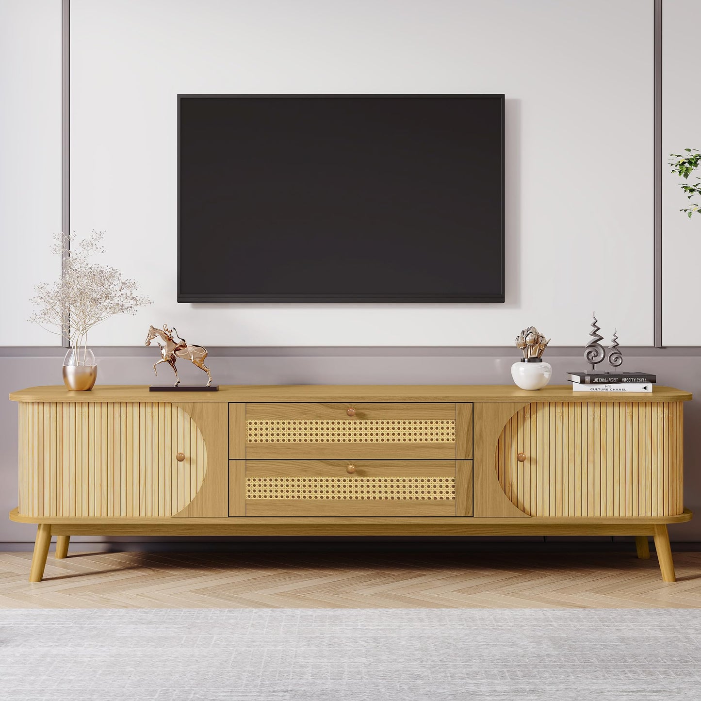 LKTART 67" Mid Century Modern TV Stand for 65/70/75/80" TVs,Entertainment Center with Sliding Doors and Drawers,Media Console for Living Room