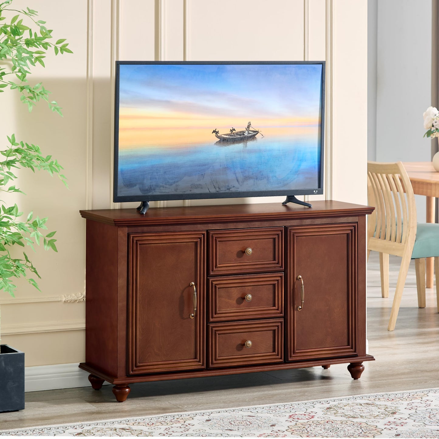 LKTART 40" Sideboard Buffet Accent Storage Cabinet with Carved Pattern Side Board Solid Wood Frame for Kitchen, Living Room, Entryway,Hallway (Blue+Brown)