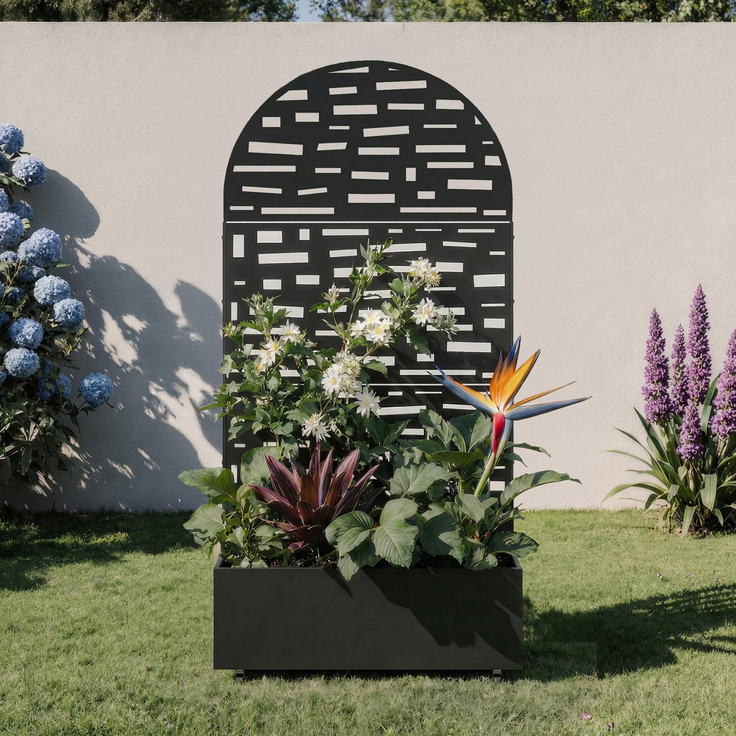 Metal Raised Garden Bed with Trellis and Wheels, 71"x47"x16" Planter Box with Privacy Screen & Drainage Holes, Arched Outdoor Garden Bed for Climbing Plants, Vegetables, Flowers (Black-Square)