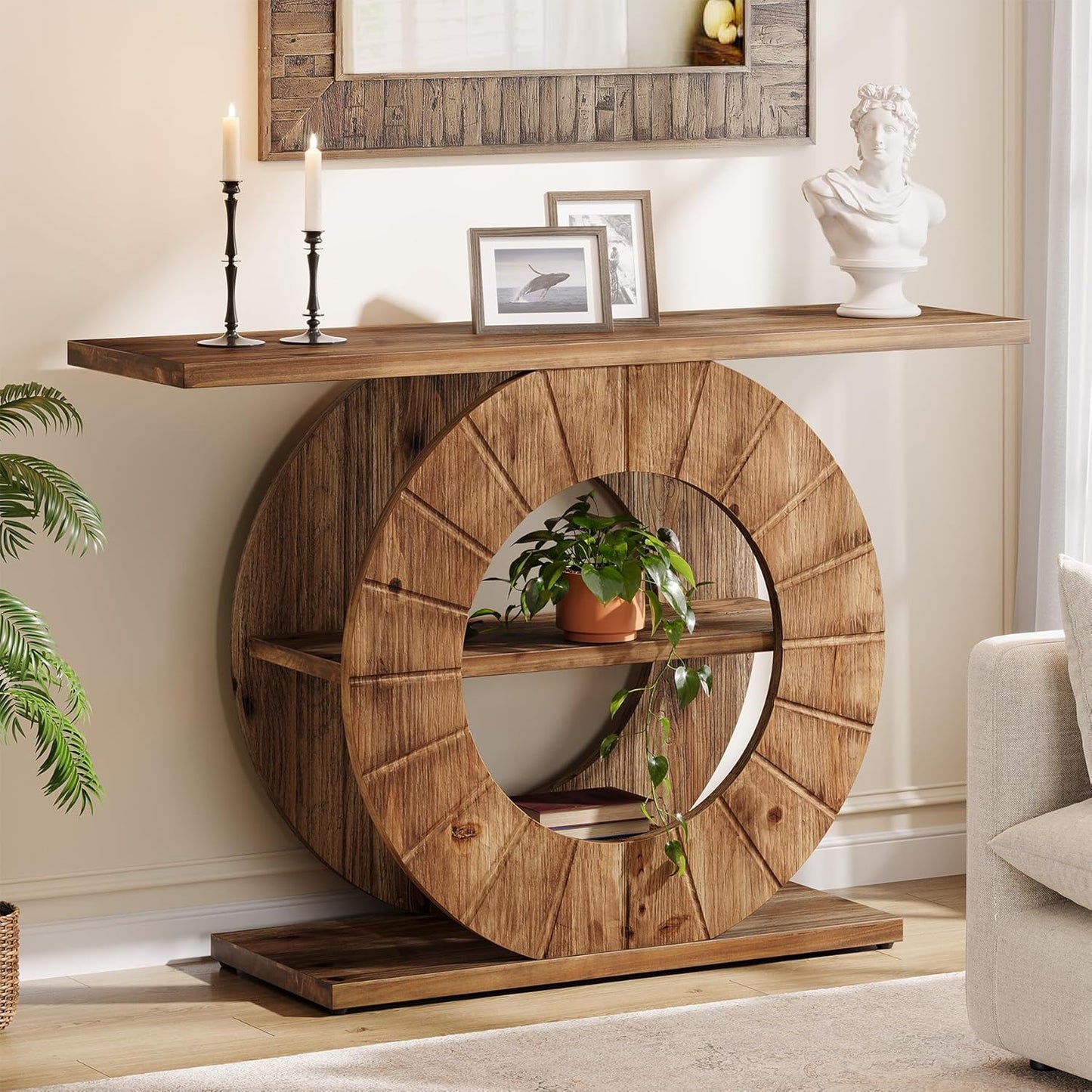 41" Solid Wood Console Table with Storage, Farmhouse Sofa Table with 3-Tier Shelves & Carved Circle Base for Living Room, Hallway, Foyer, Rustic Brown