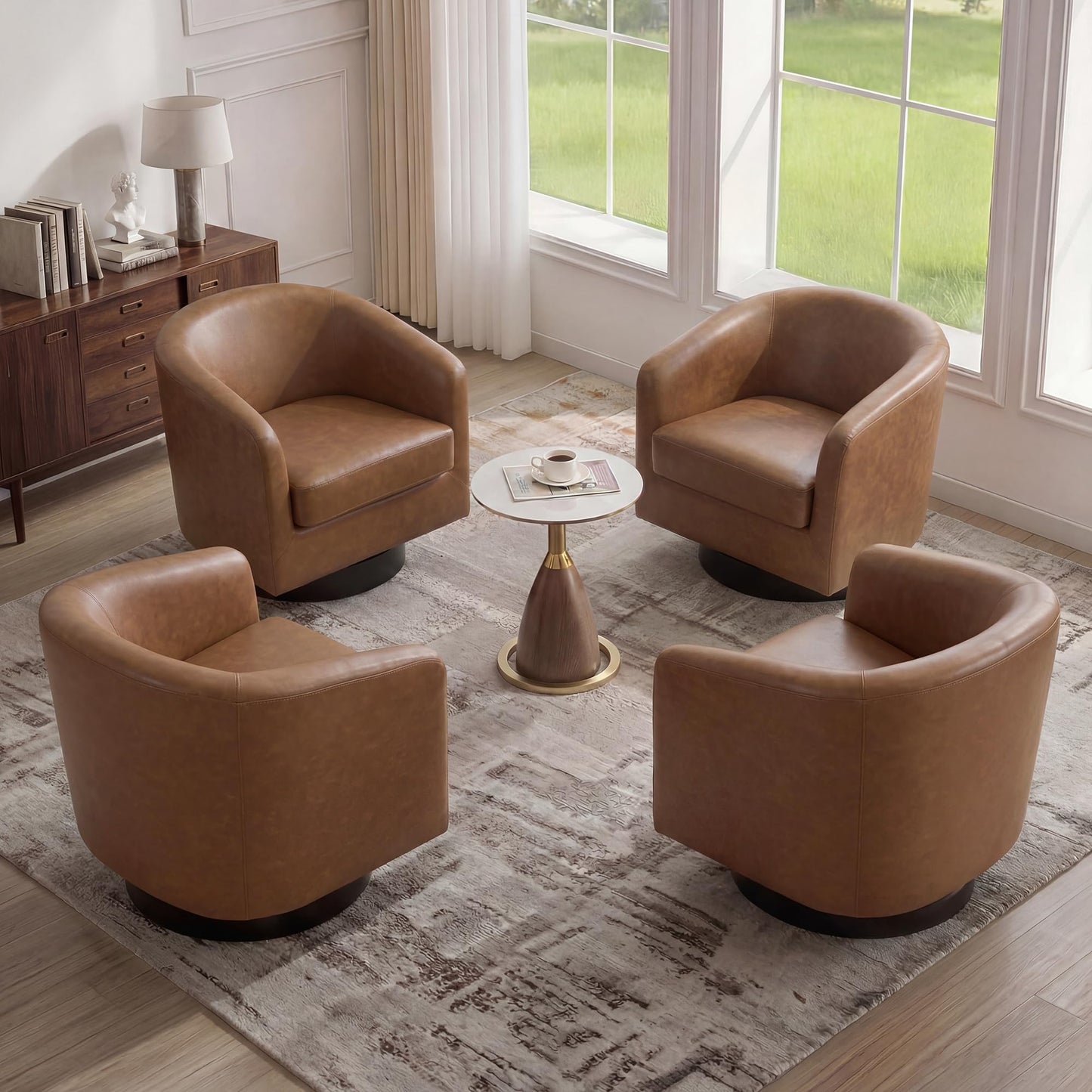 Swivel Barrel Chairs Set of 2, 31" W Modern Faux Leather Round Swivel Accent Chair for Living Room, 360° Rotation Upholstered Armchair Club Chair for Bedroom, Reading Room, Office (Brown)