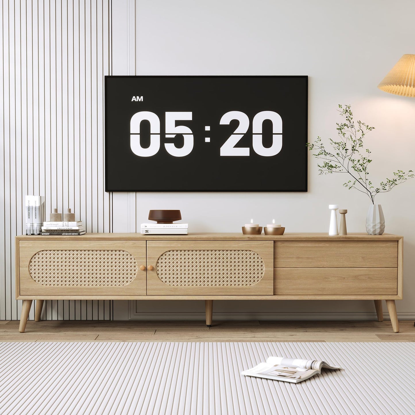 LKTART 67" Mid Century Modern TV Stand for 65/70/75/80" TVs,Entertainment Center with Sliding Doors and Drawers,Media Console for Living Room