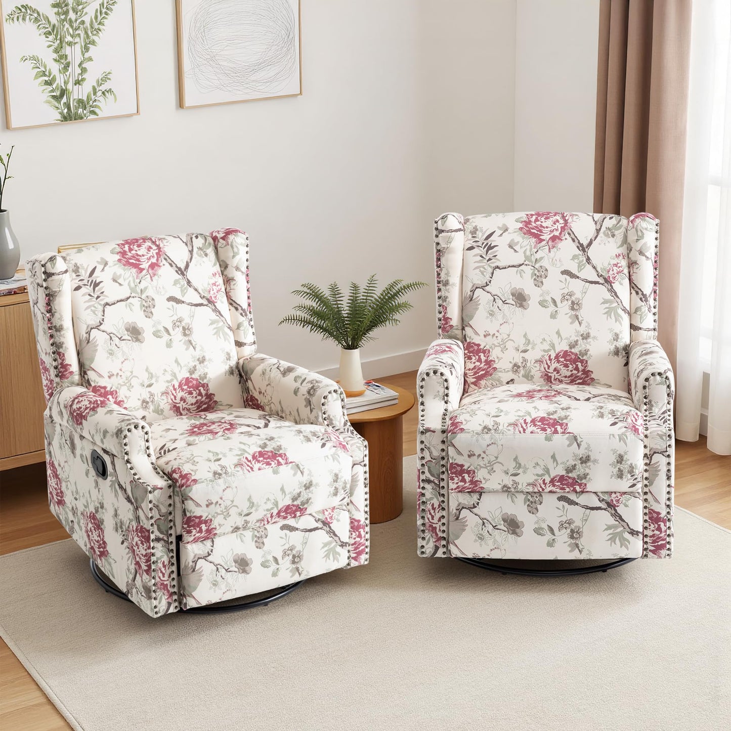 Swivel Rocker Recliner Chair, 360° Swivel Wingback Recliner Chairs for Adults, Upholstered Printed Fabric Glider Rocking Chair with High Back, Deep Seat for Living Romm Bedroom, Bird