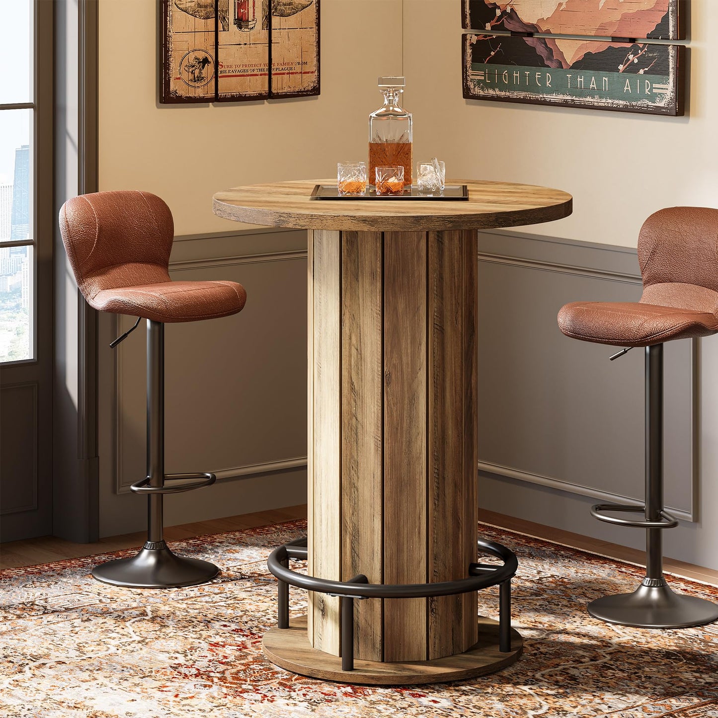 Tribesigns Round Bar Table, 39.4" H Wood Bistro Pub Table with Metal Ring Footrest for Dining Coffee Cocktail Living Room, Small Space, Black (Only Table)