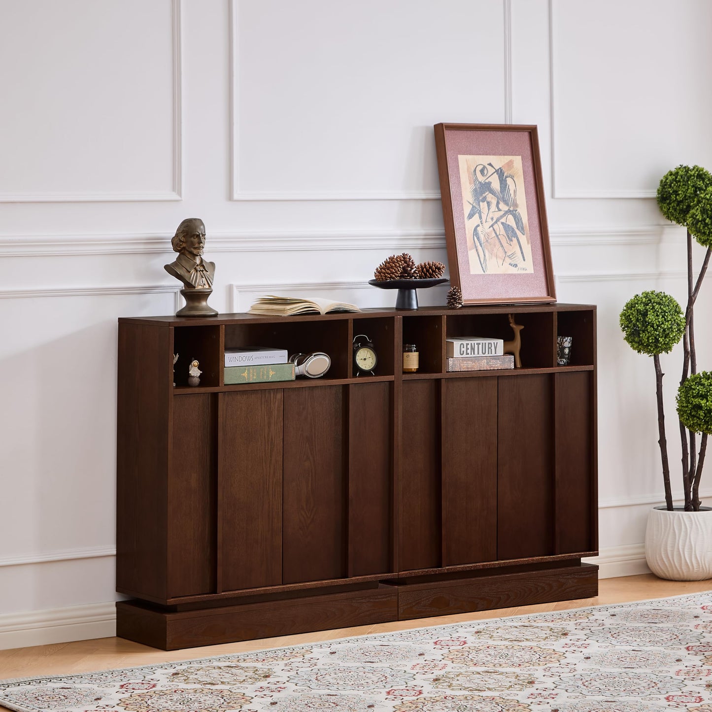LKTART 63" Rattan Sideboard Buffet Cabinet,Kitchen Storage Cabinet,Wood Coffee Bars with 4 Doors & Open Storage Shelves,Mid Century Modern Credenza Console Table for Living Room,Walnut