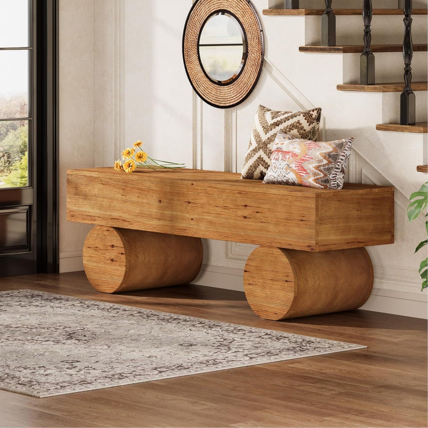 Solid Wood Entryway Bench, 59" Farmhouse Indoor Long End of Bed Bench with Thickened Seat & Cylindrical Legs, Narrow Shoe Bench Seat for Entry, Living Room, Bedroom, Easy Assembly, Brown
