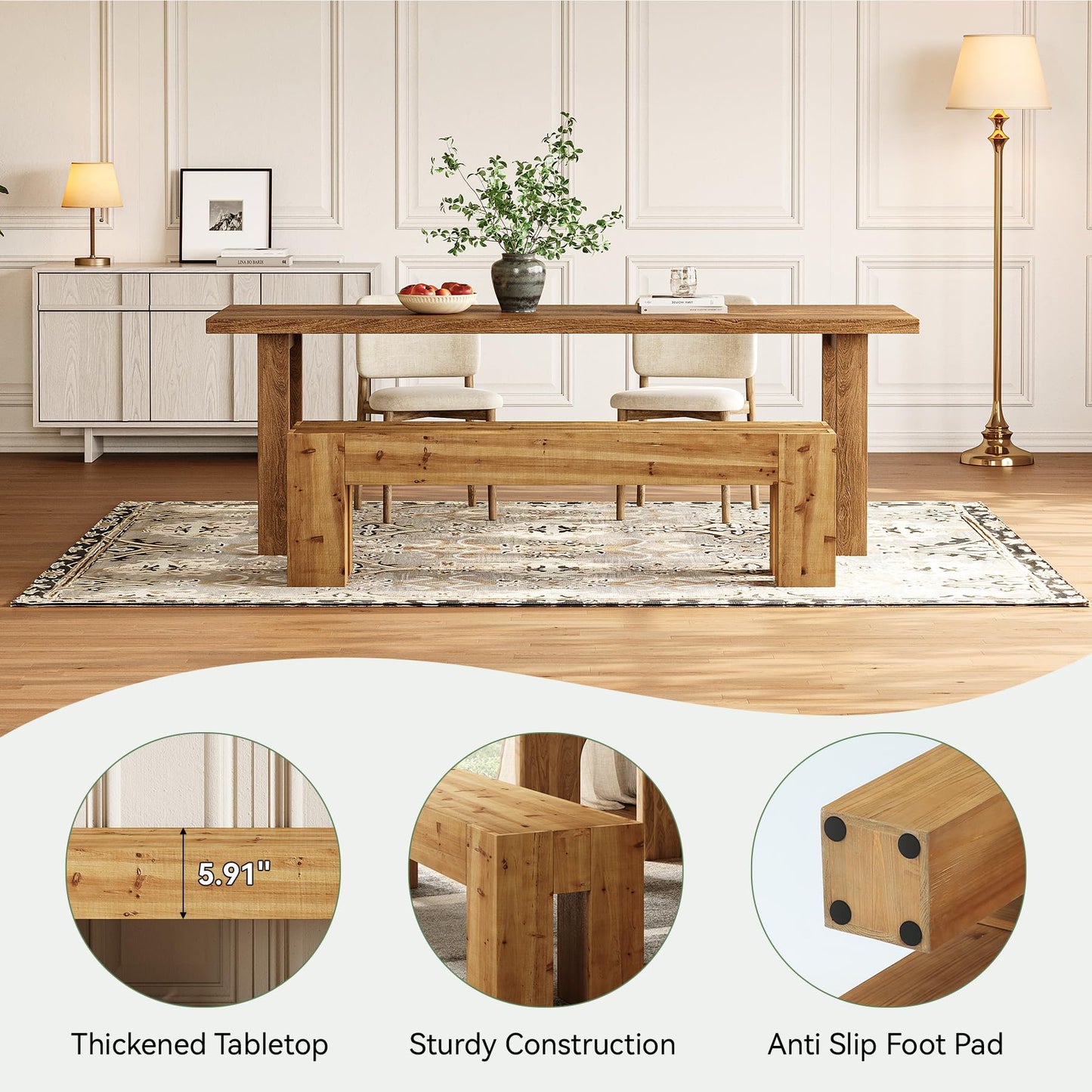 Solid Wood Dining Bench, Farmhouse Heavy Duty Kitchen Table Bench Seat with Sturdy Frame for Dining Room, Kitchen, Entryway (Rustic Brown)