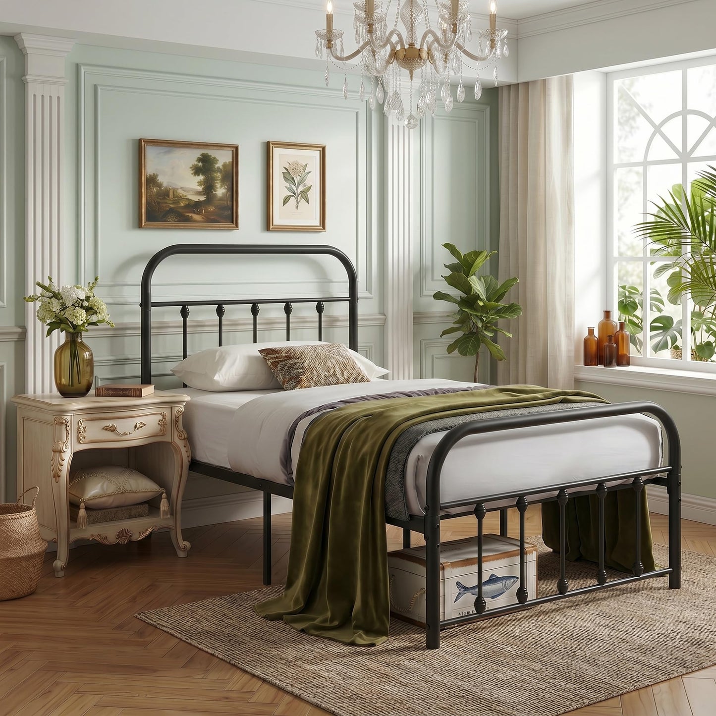 VECELO King Size Victorian Style Metal Bed Frame with Headboard/Mattress Foundation/No Box Spring Needed/Under Bed Storage and Strong Slat Support Purple Bronze