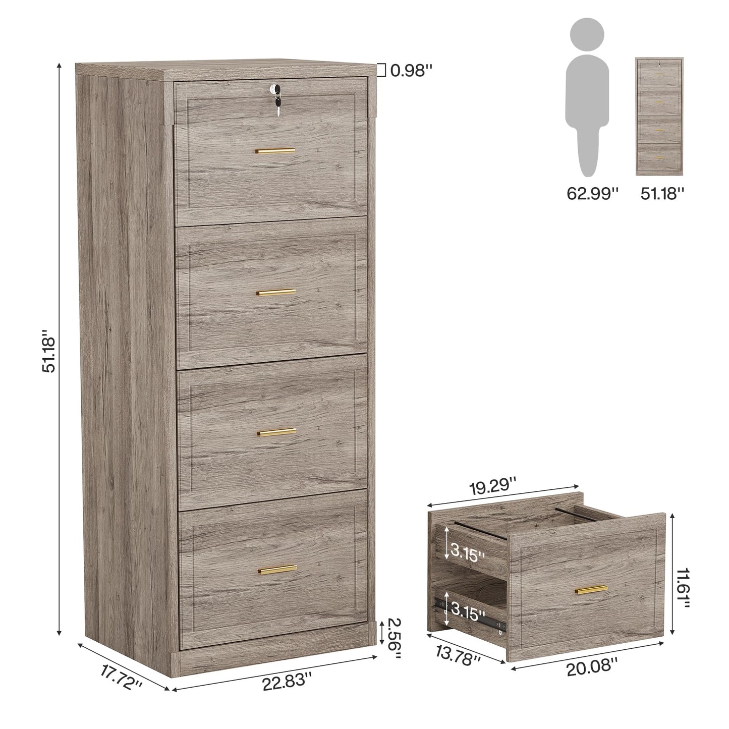 Tribesigns 4-Drawer File Cabinet with Lock, Locked File Cabinet with Key, Tall Wooden Filing Cabinets for Home Office, Vertical Office Storage for Legal Size/Letter/A4/Files, Brown