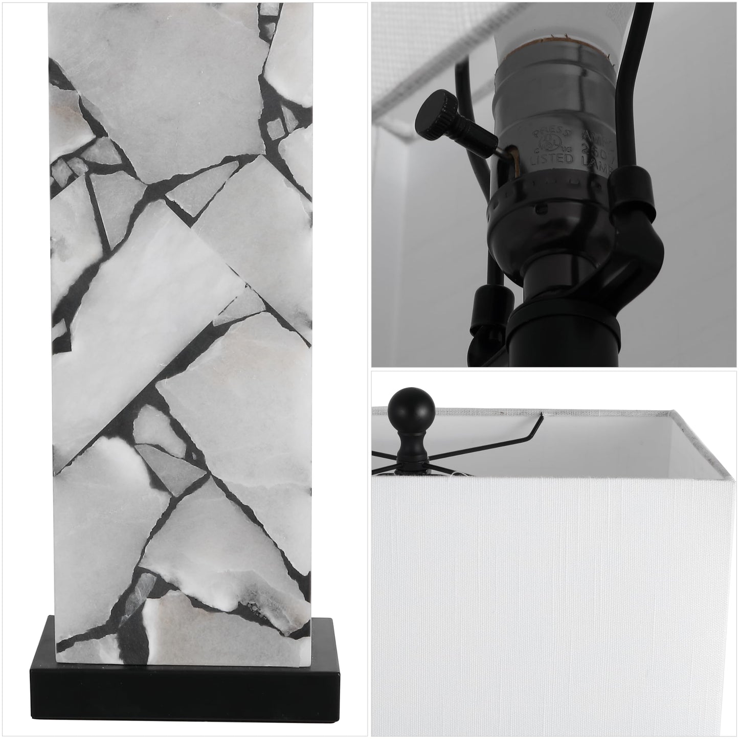 JONATHAN Y 24.25" Black/White Modern Alabaster LED Table Lamp for Home Decor, White Linen Shade, Coastal Nightstand Lamp with Built-in Base Accent Light (JYL8507A)