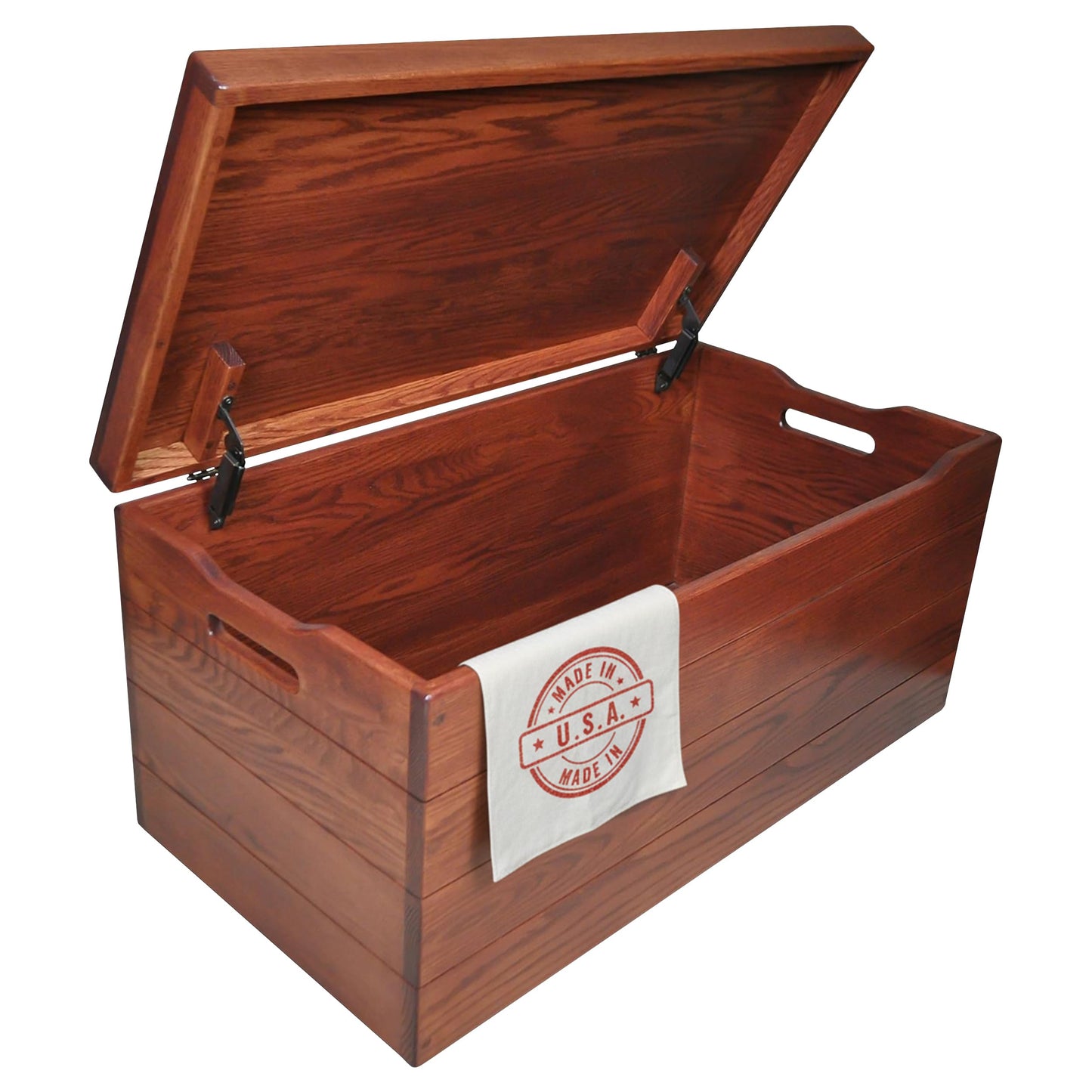 Wooden Storage Chest Trunk Box with Lid and Handles. Handmade, Rustic, Oak Wood, Cherry Stain, 30"