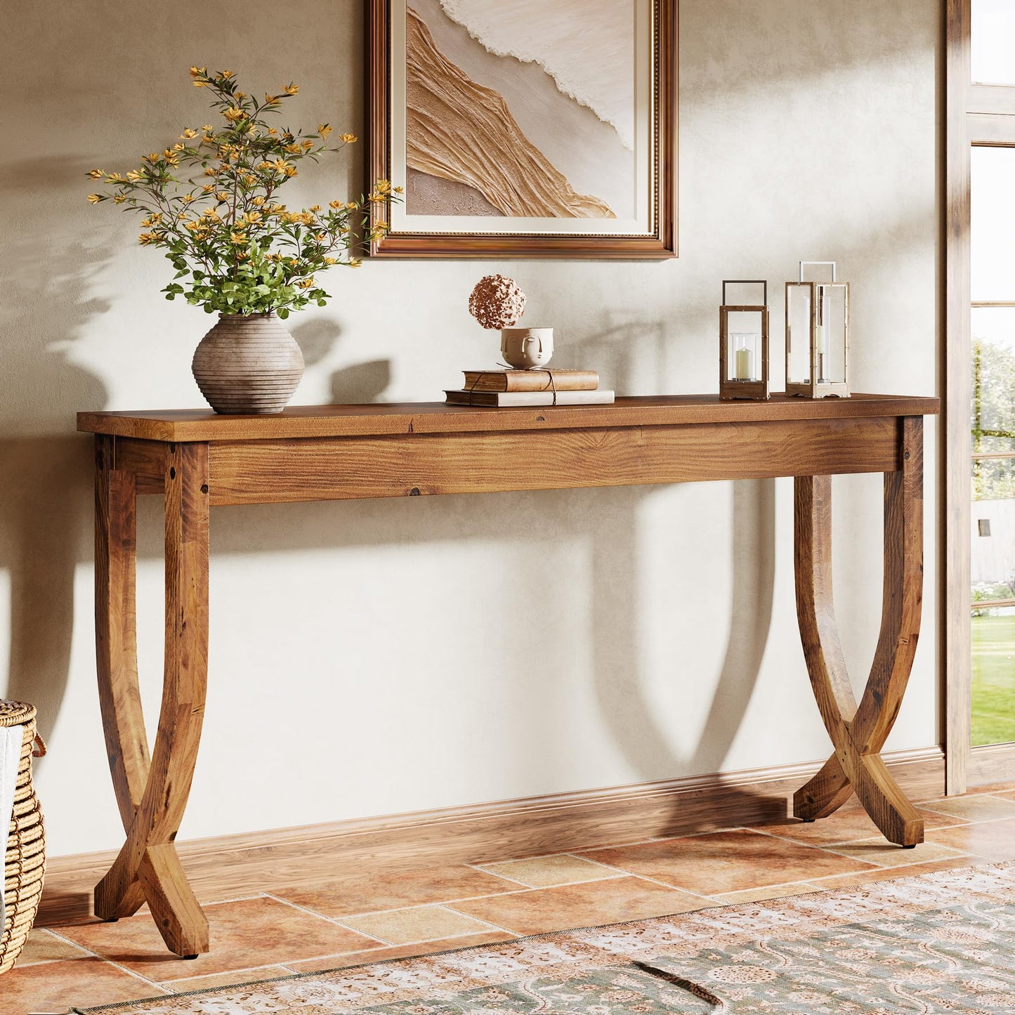 Solid Wood Console Table for Entryway, 63-Inch Narrow Long Sofa Table, Farmhouse Hallway Table for Living Room, Entrance, Foyer (Brown)