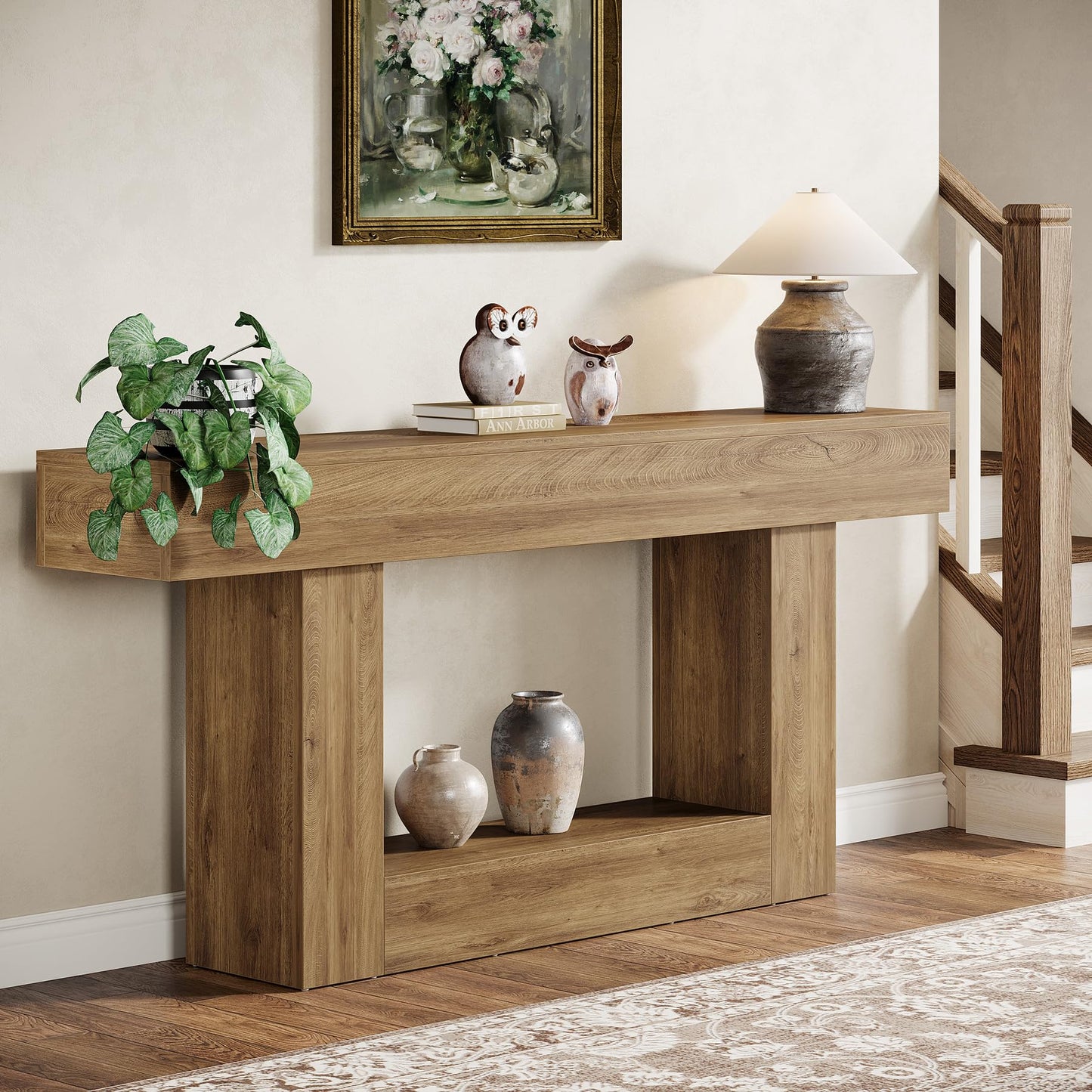 Tribesigns 63" Console Table, Farmhouse 2-Tier Entryway Table with U-Shaped Base, Narrow Long Wood Sofa Table Behind Couch Table for Living Room, Hallway, Foyer, Vintage Brown & Gray | Farmhouse