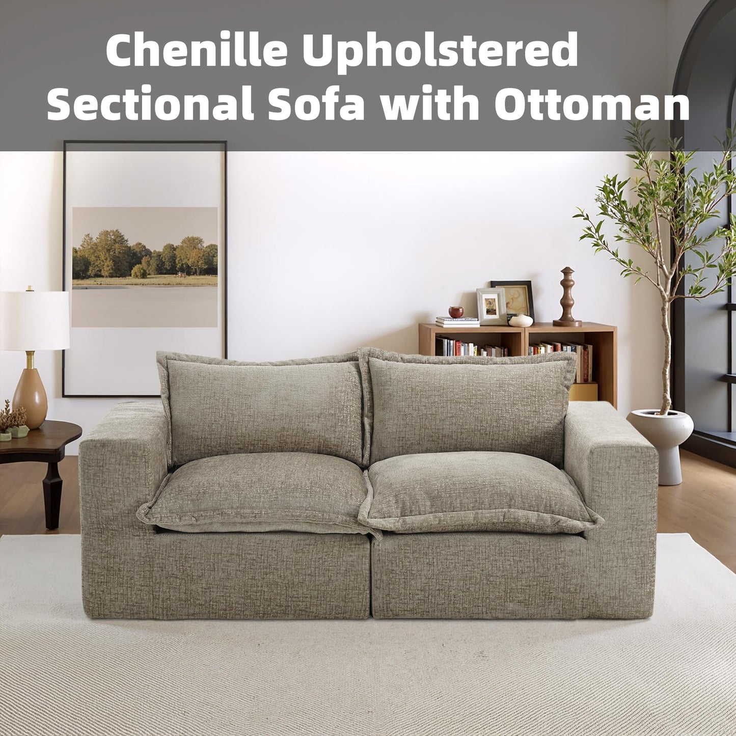 116" Modular Sectional Sofa, Comfy L Shaped Modular Coush Sofa with Ottoman, 3-Seat Chenille Cloud Couches Deep Seat Sofa for Living Room, Apartment, Small Spaces, Beige