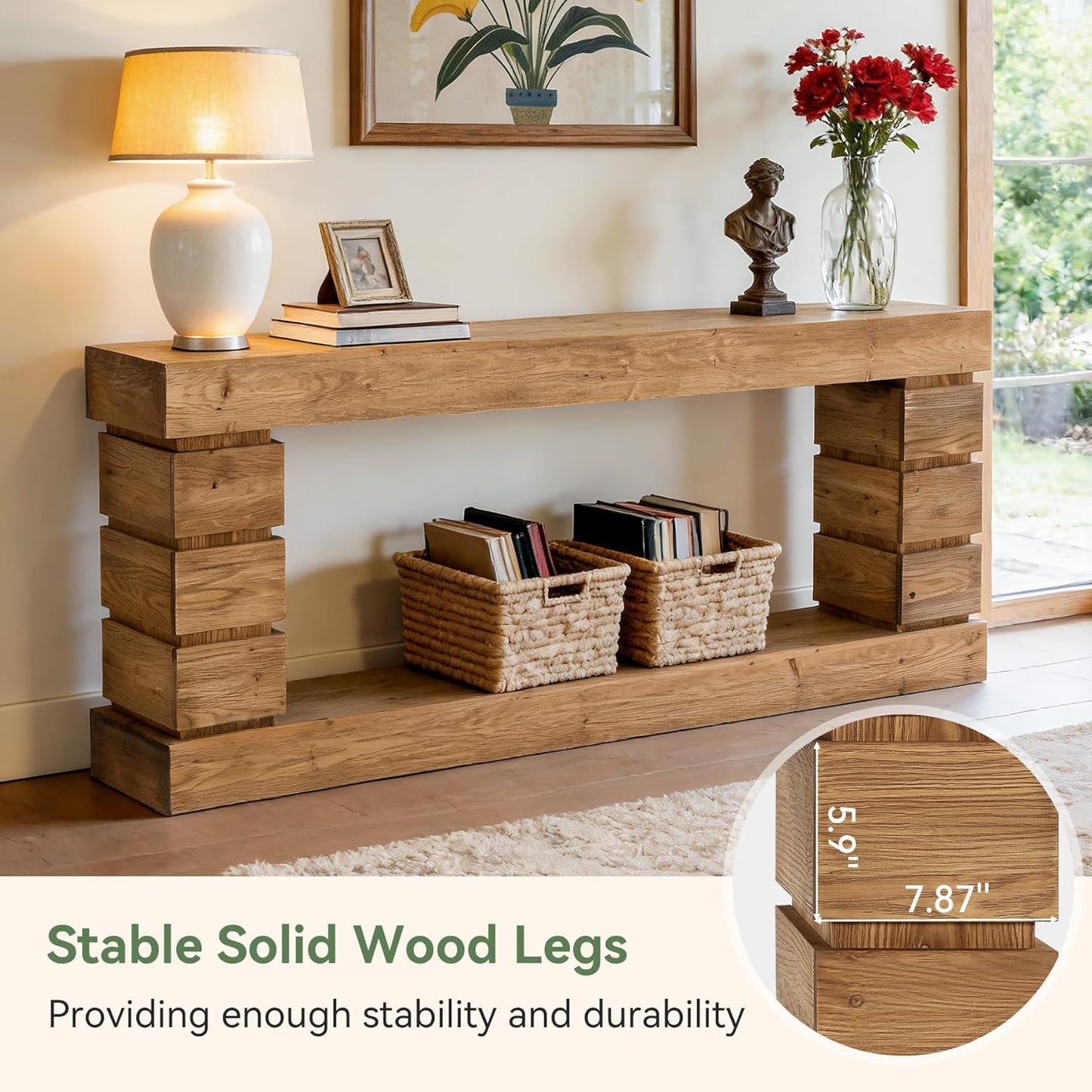 Solid Wood Console Table for Entryway, 62.9-Inch Long Narrow Sofa Table with Storage Shelf for Living Room Hallway