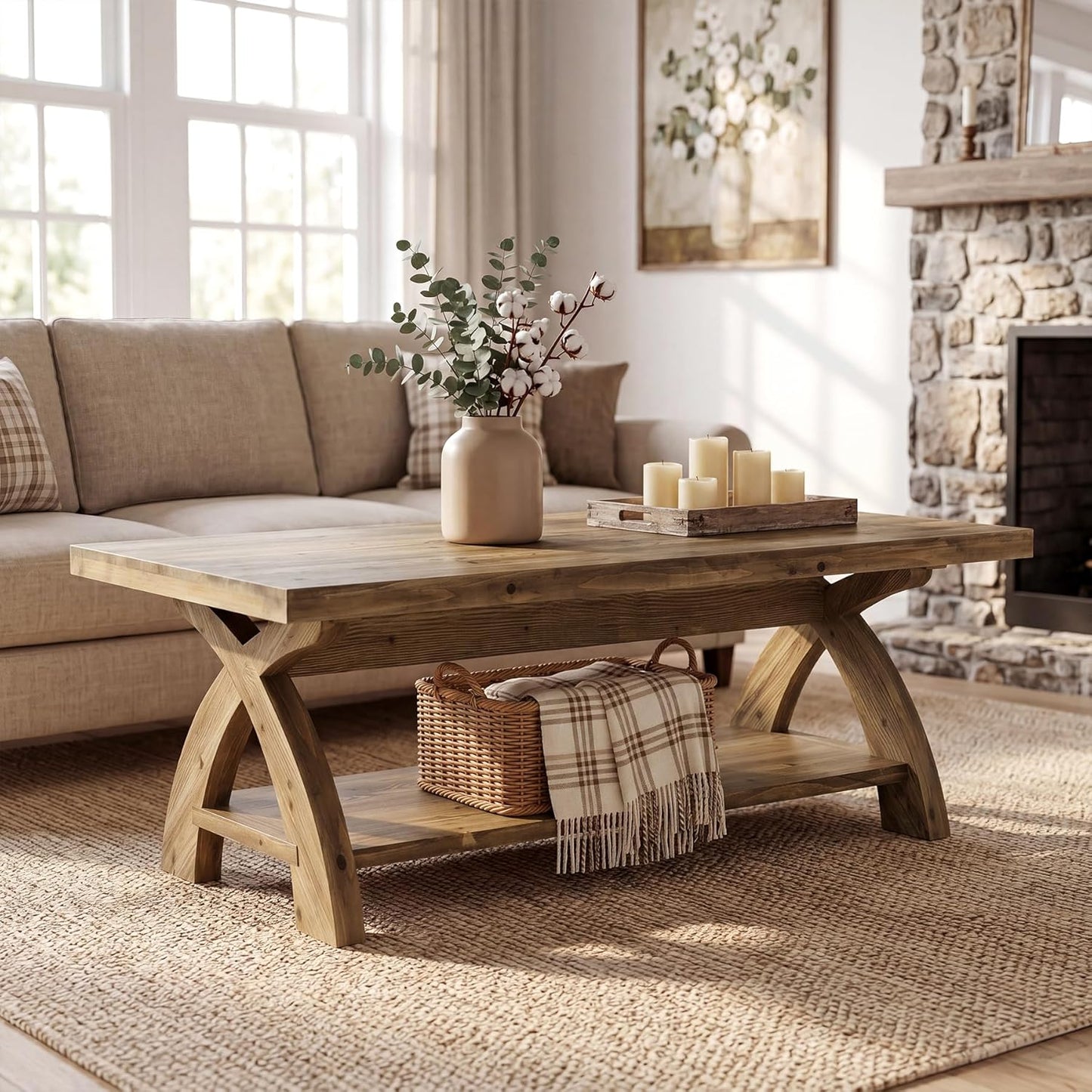 Solid Wood Coffee Table with Storage Shelf, Farmhouse Rectangular Center Table with X-Shaped Legs, Industrial Accent Cocktail Tables for Living Room