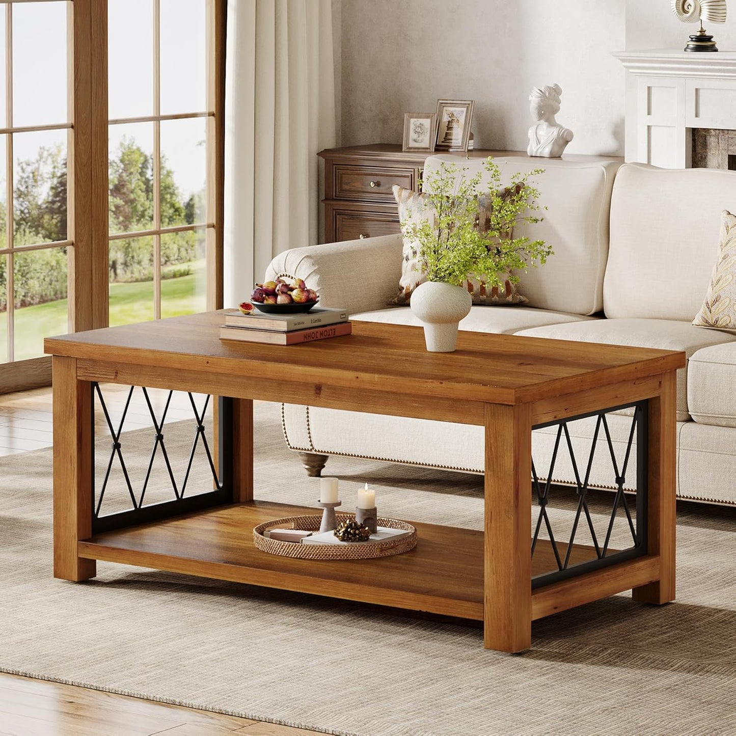 47.2" Solid Wood Coffee Table, 2-Tier Storage Design, Farmhouse Rectangular Center Cocktail Table, Rhomboid Metal Frame, for Living Room, Office, Balcony, Easy Assembly
