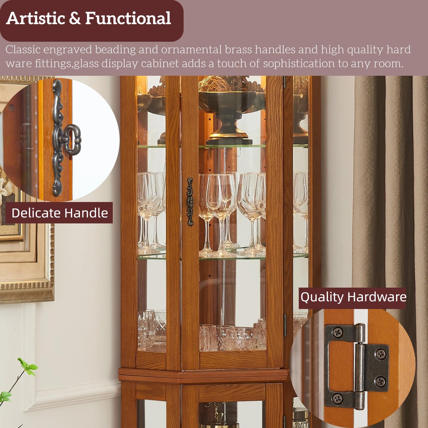 LKTART Curio Glass Display Cabinet, 70" Tall Corner Storage Cabinet with Lights and Mirrored Back Panel,China Cabinet with Tempered Glass Doors and Shelves(Walnut)
