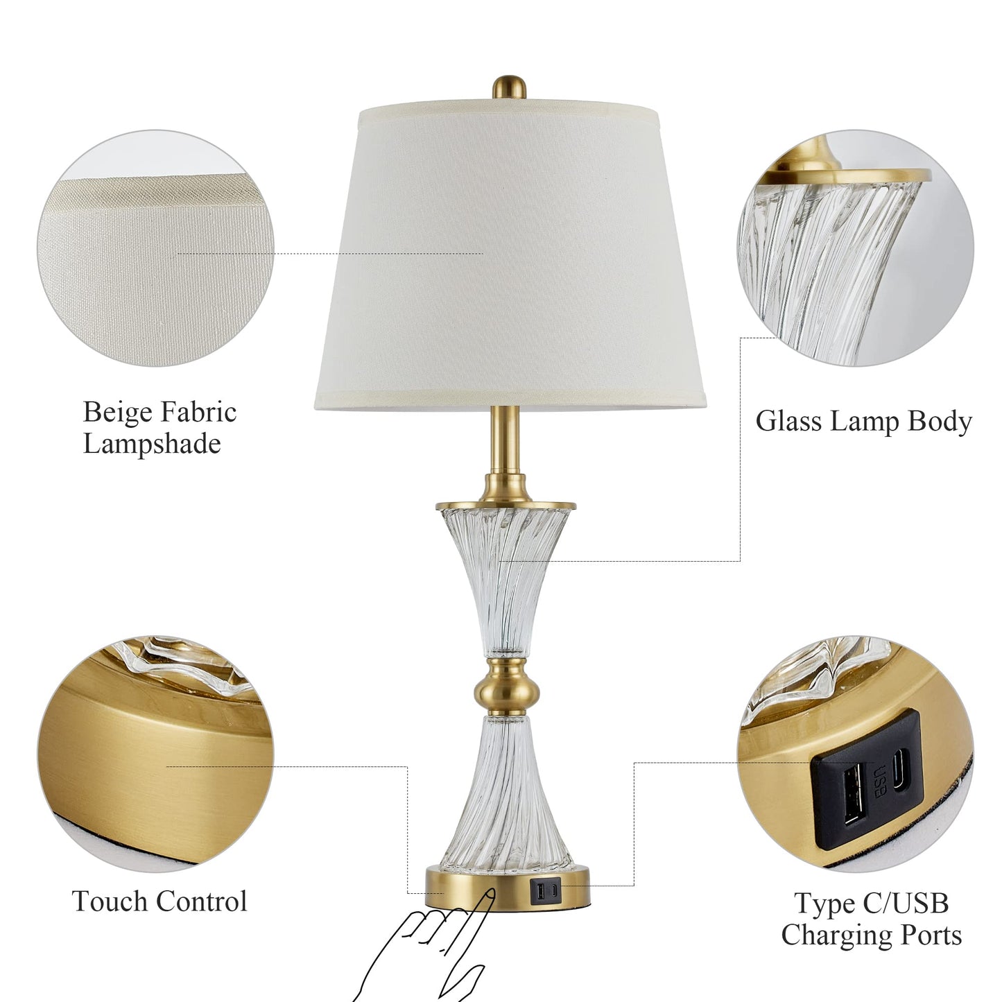 27" Bedroom Lamps Set of 2, Gold Glass Touch Lamps with USB C+A Ports, 3-Way Dimmable Light Fixture for Nightstand, Modern Table Side Lighting for Living Room, 2 Bulbs Included