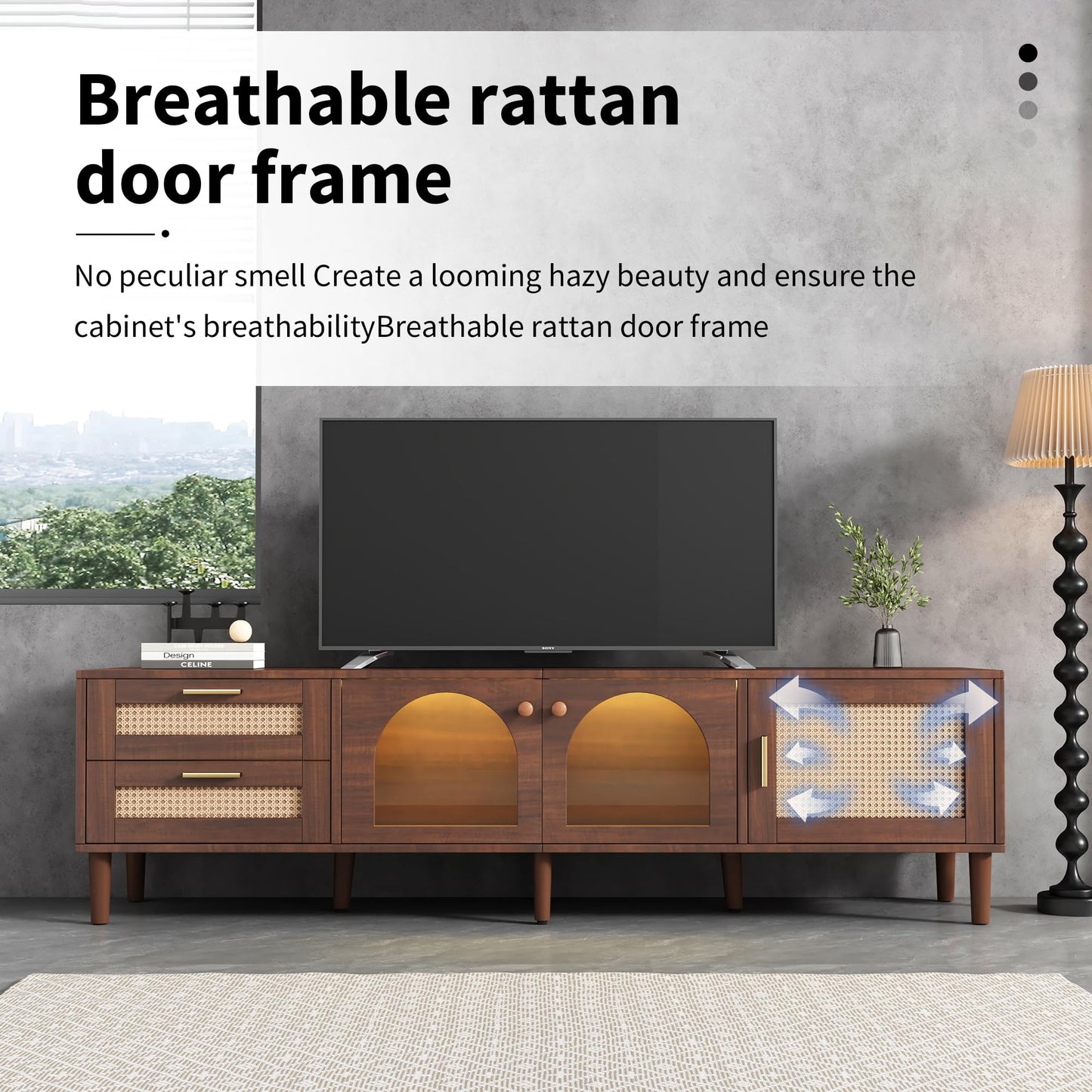LKTART 67" Mid Century Modern TV Stand for 65/70/75/80" TVs,Entertainment Center with Sliding Doors and Drawers,Media Console for Living Room
