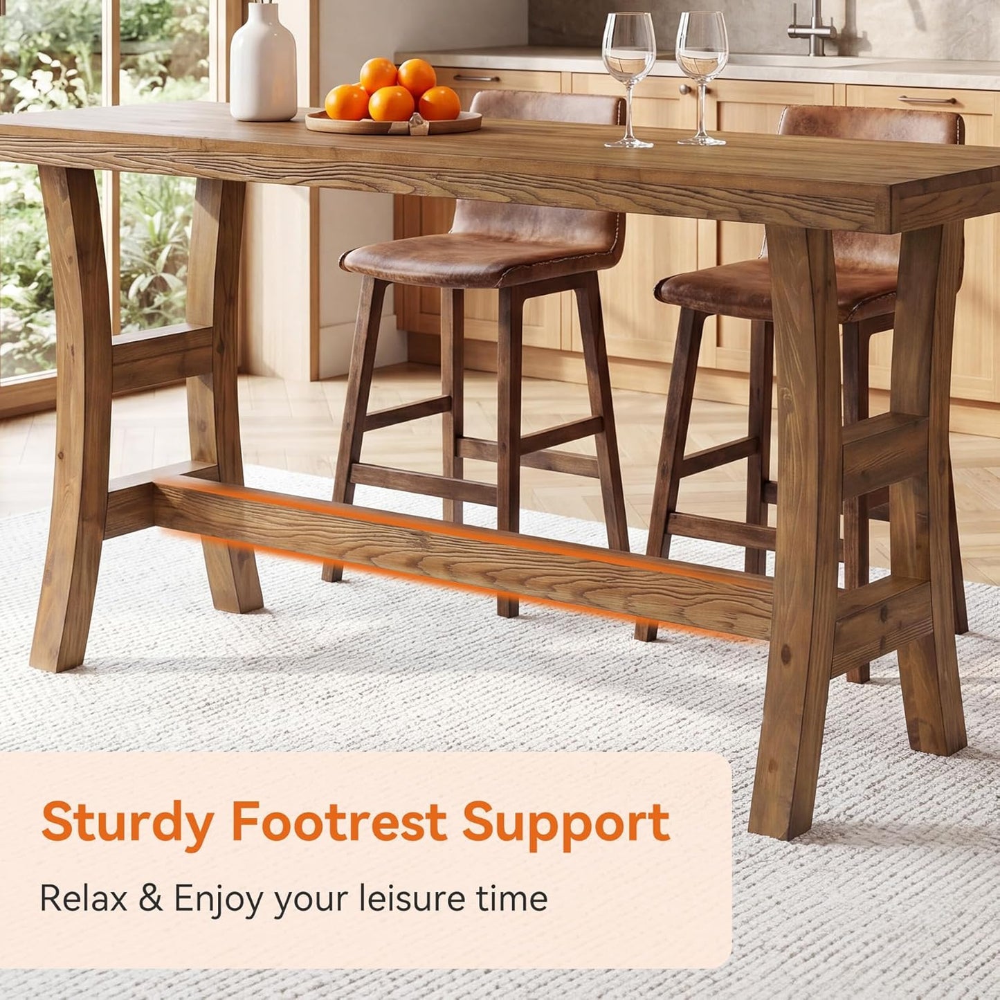 63-Inch Solid Wood Bar Table, Farmhouse Counter Height Pub Table with Footrest, Rectangular High Top Home Bar Units for Home Kitchen, Dining Room, Bistro (Without Chair, Retro Brown)