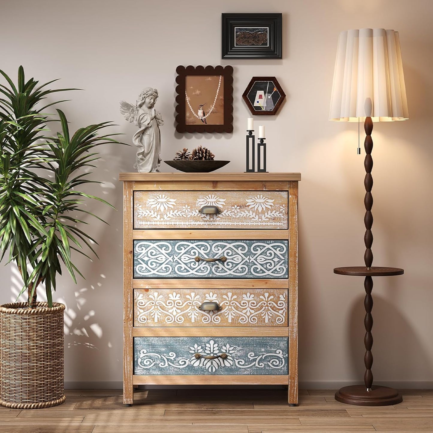 LKTART Wooden Storage Cabinet with Carved Drawers,Boho Small Buffet Sideboard with Hand Painted,Rustic Accent Credenza for Entryway,Kitchen,Living Room
