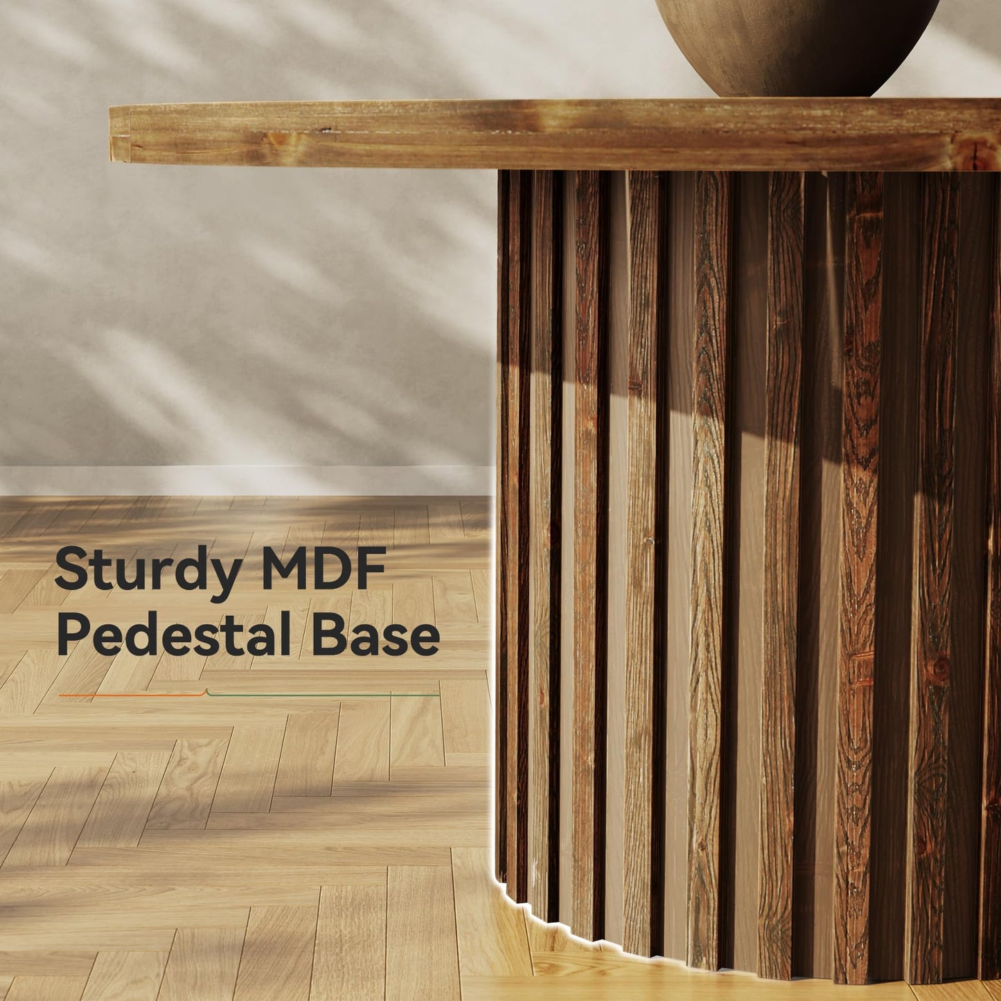 47" Solid Wood Dining Table for 4-6, Farmhouse Round Kitchen Table with Striped Pedestal Base, Circle Wooden Dining Room Furniture for Kitchen Living Room, Wood Tabletop+MDF Pedestal Base