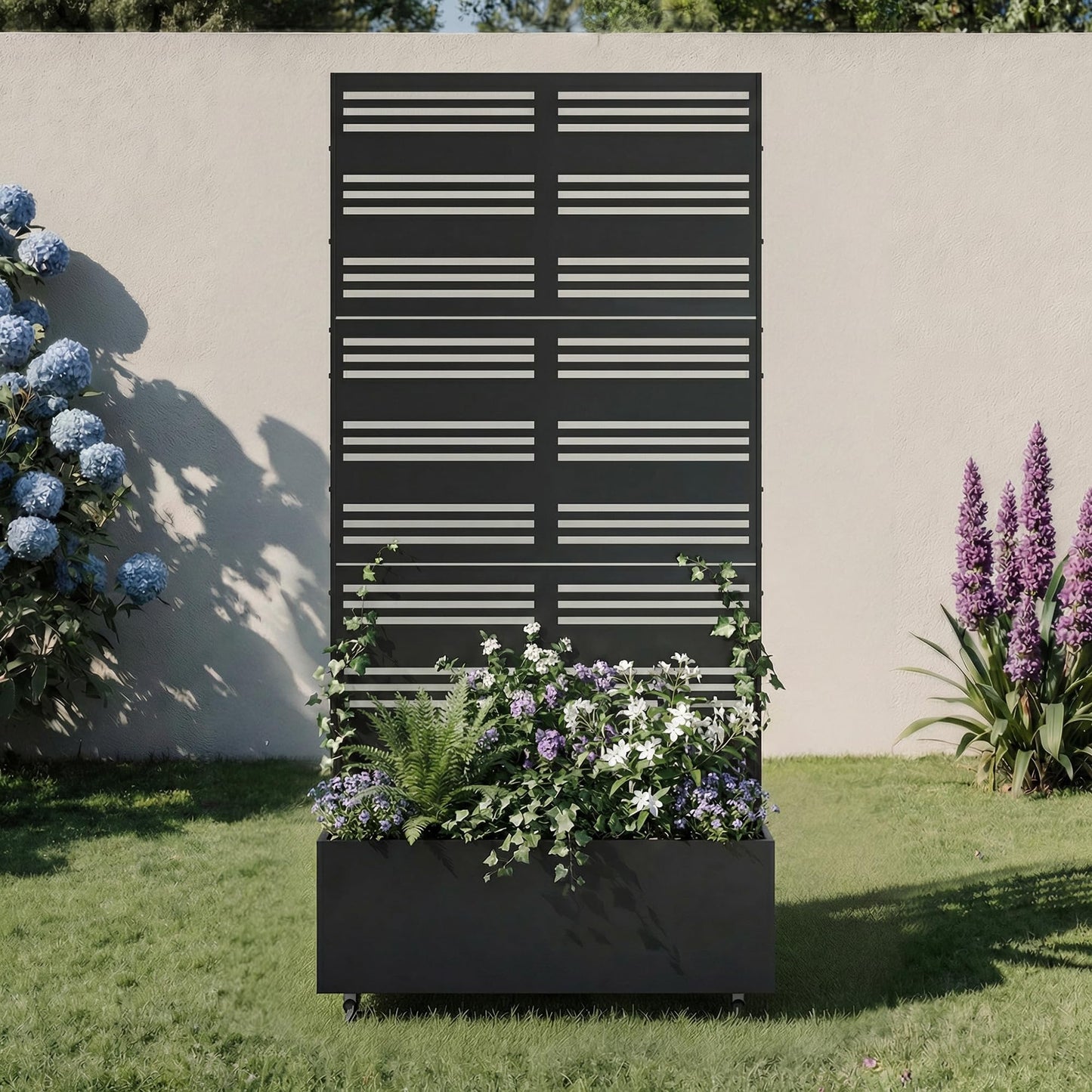 Metal Raised Garden Bed with Trellis and Wheels, 71"x47"x16" Planter Box with Privacy Screen & Drainage Holes, Arched Outdoor Garden Bed for Climbing Plants, Vegetables, Flowers (Black-Square)