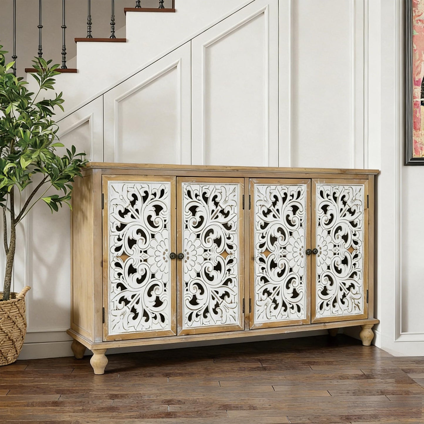 LKTART 60" Farmhouse Sideboard Buffet,Solid Fir Wood Frame with Hollowed-Out Carved Doors,Hand-Distressed Design,Versatile Storage Cabinet for Kitchen, Living Room,Natural Wood