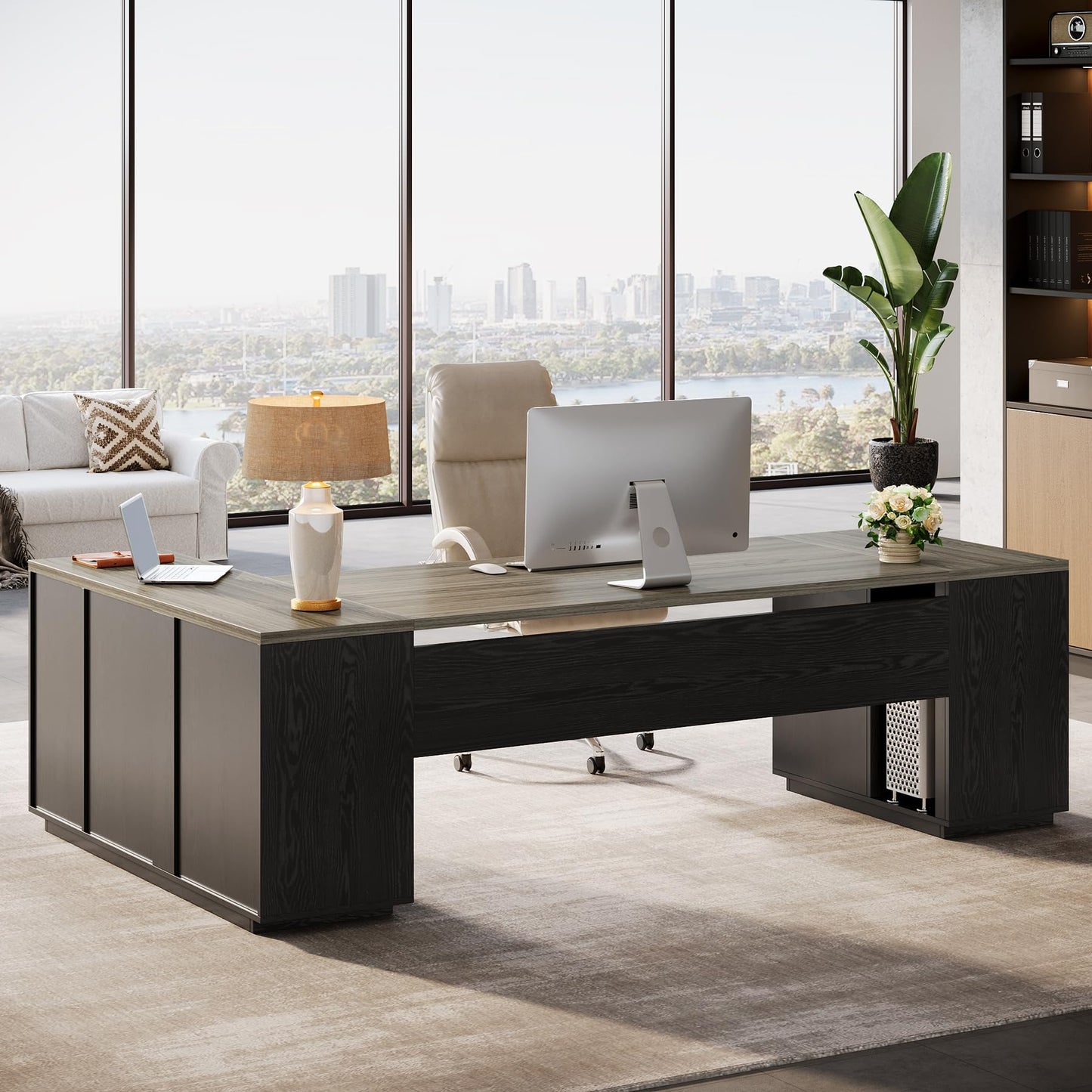 Tribesigns 85.8-Inch L-Shaped Executive Desk with File Drawers, Door Cabinet & Shelves, Extra Large Commercial Office Desk, Modern Professional Office Table, Business Furniture, Warm Brown & Black