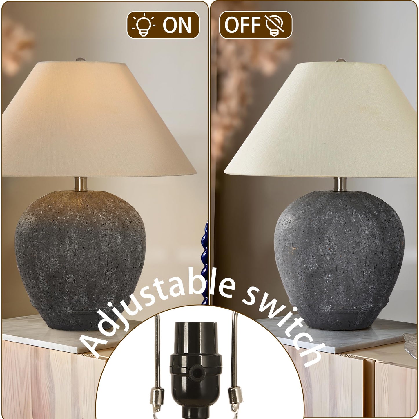 Farmhouse Ceramic Table Lamp, 21" Rustic Table Lamp with Linen Shade, 3-Way Dimmable Bedside Nightstand Lamps for Bedroom, Living Room, E26 Socket, Dark Grey