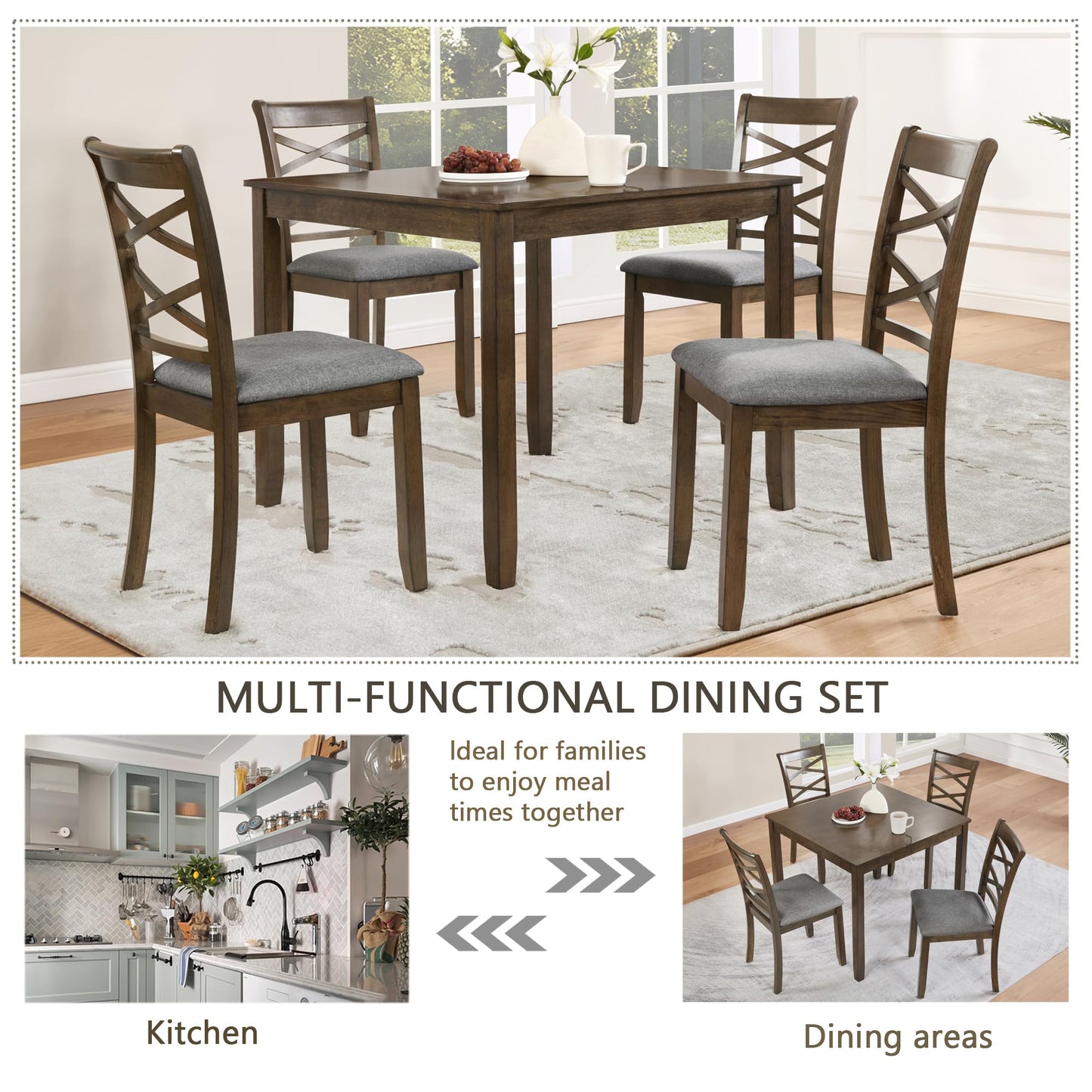 LKTART 5-Piece Kitchen & Dining Room Table and Chairs Sets,Small Square Kitchen Table with 4 Upholstered XX-Shaped Backrest Chairs,Walnut