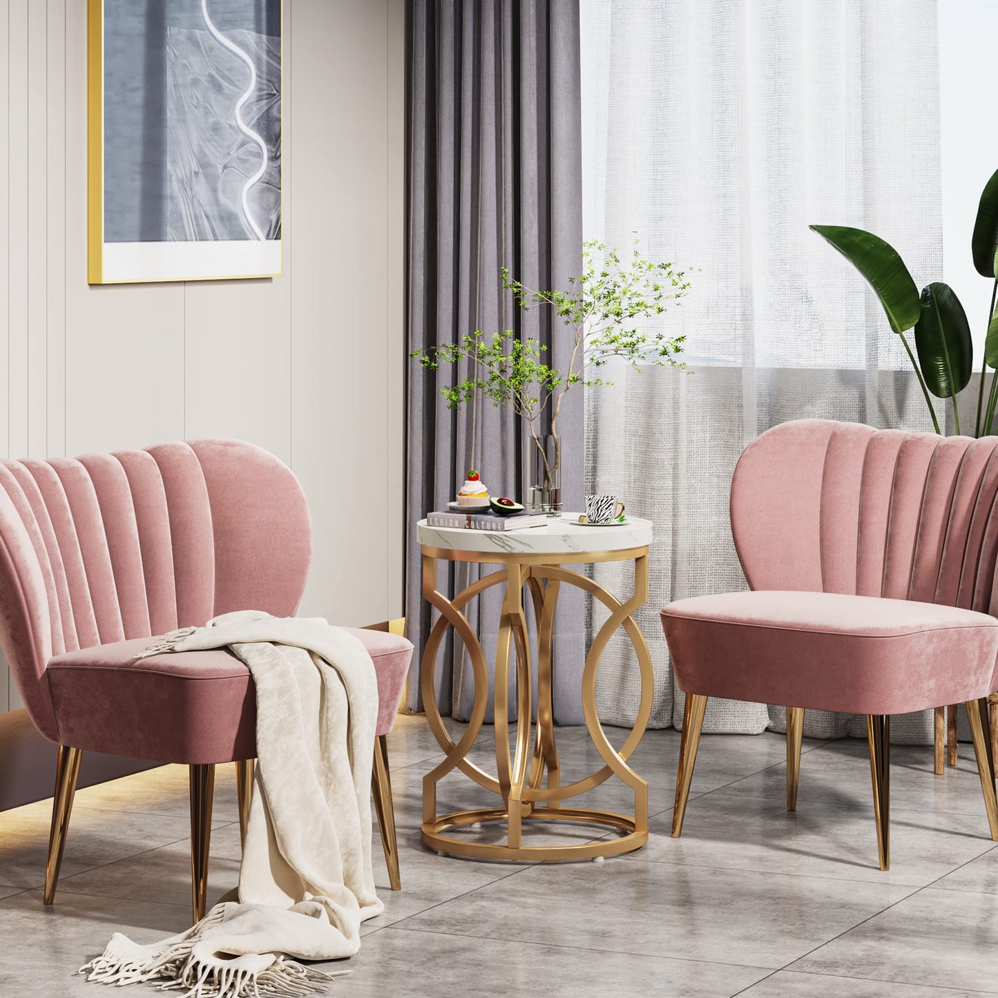 Tribesigns Modern Round End Table Set of 2 with Thickened Tabletop, 20" Gold Side Table with Unique O-Shaped Metal Base, Midcentury Nightstand for Living Room Bedroom, White + Gold