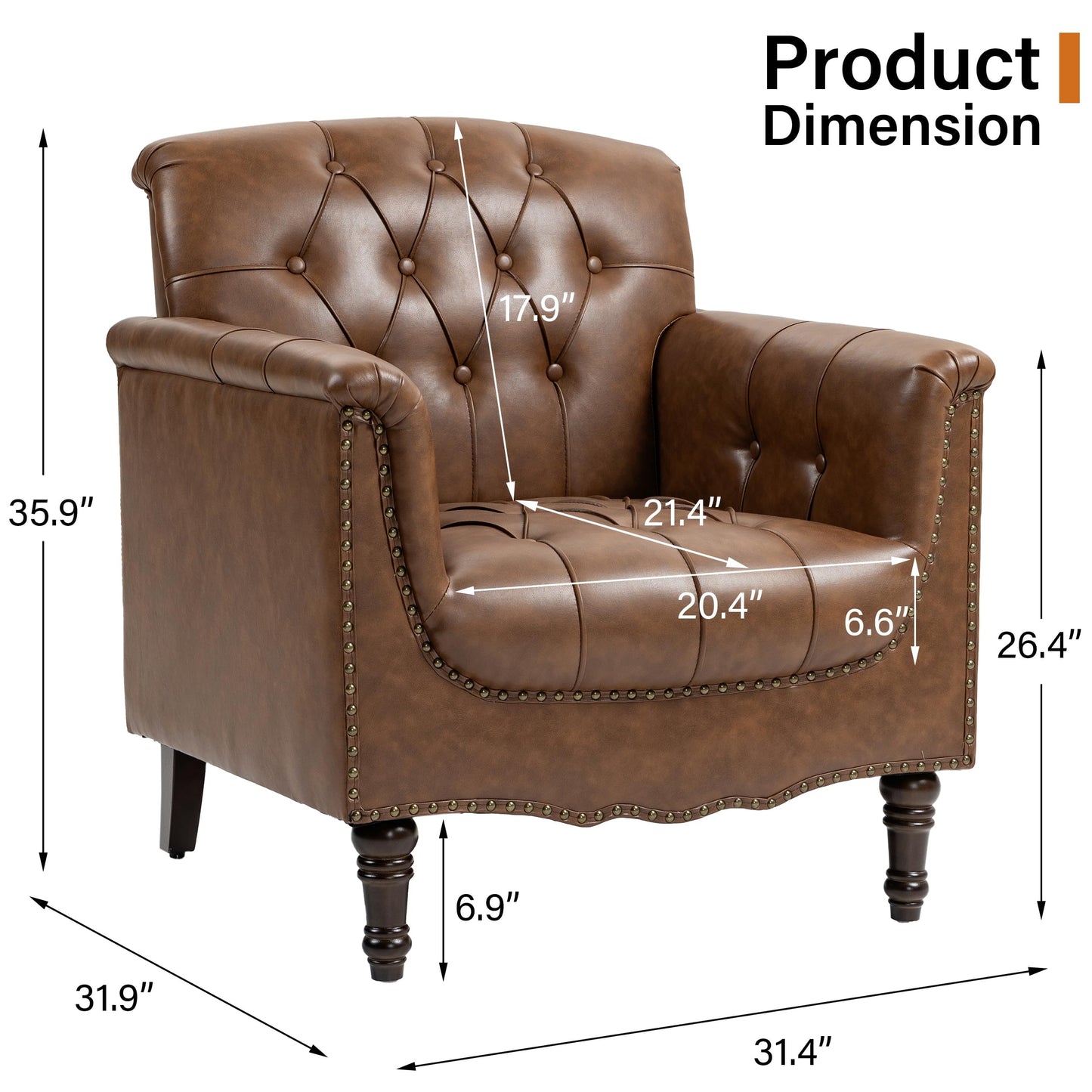 Faux Leather Club Chair, Retro Upholstered Armchair Accent Chair with Solid Wood Legs & Nailhead Trim for Living Room, Bedroom, Reading Room, Camel