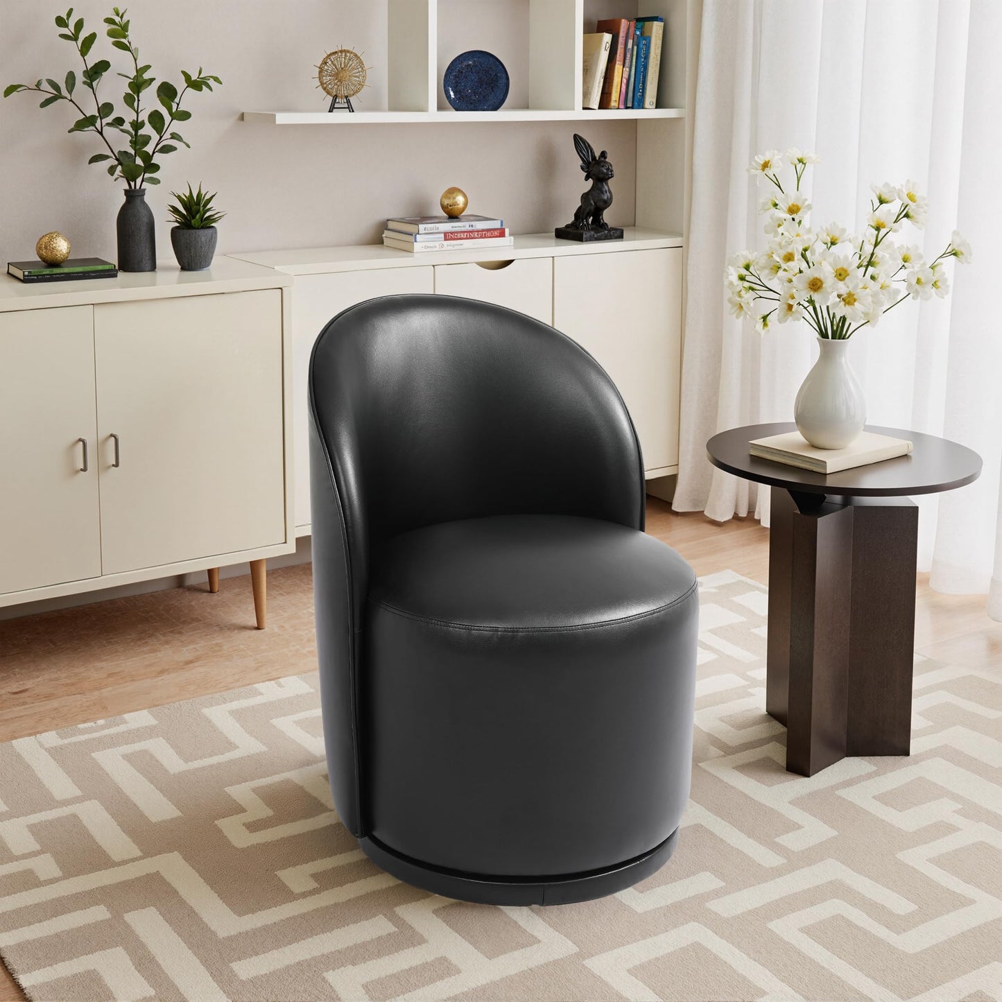 Swivel Barrel Dining Chairs Set of 2, Faux Leather Upholstered Round Dining Chairs, 360° Swivel Vanity Chair Comfy Armless Accent Makeup Chair for Dining/Living Room Makeup Room, Brown