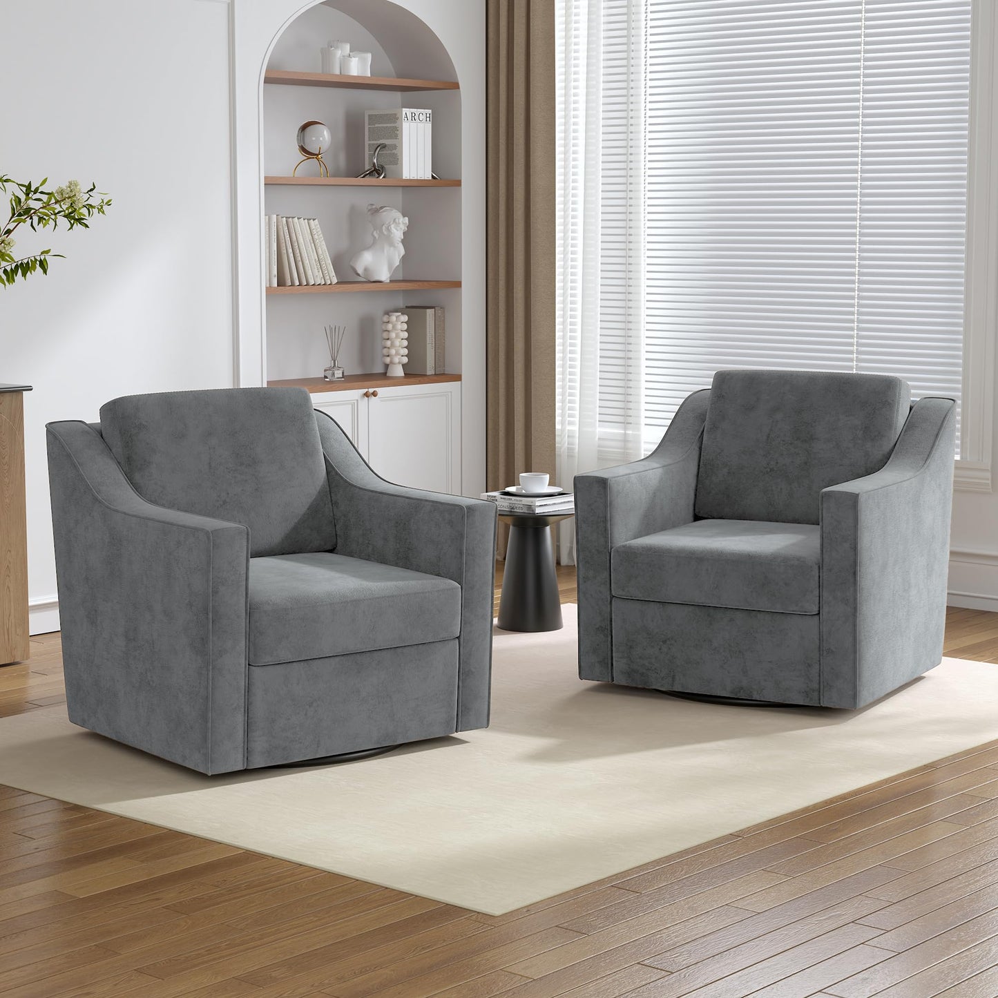 Swivel Accent Chairs Set of 2, 360° Swivel Upholstered Faux Leather Club Armchairs for Living Room, Comfy Single Sofa Reading Chair with Deep Seat, Metal Swivel Base, Coffee