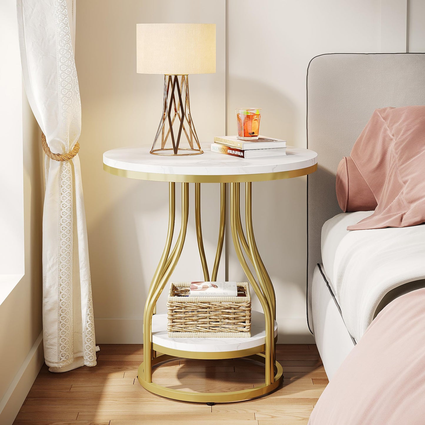 Tribesigns Round Side End Table 2-Tier End Tables Modern Bedside Table Small Chairside Tables with Storage for Couch Side, Nightstand with Metal Frame for Living Room (1, White+Gold)