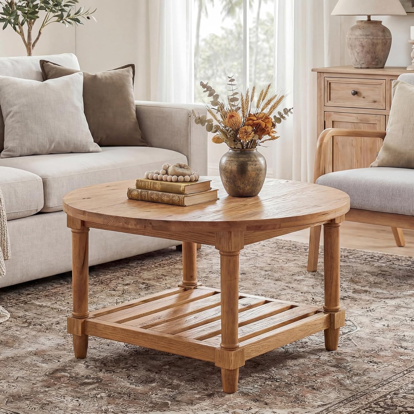 Round Coffee Table, 31.5" Farmhouse Solid Wood Center Table with Storage, 2-Tier Circle Accent Table for Living Room, Small Spaces, Apartment, Rustic Brown