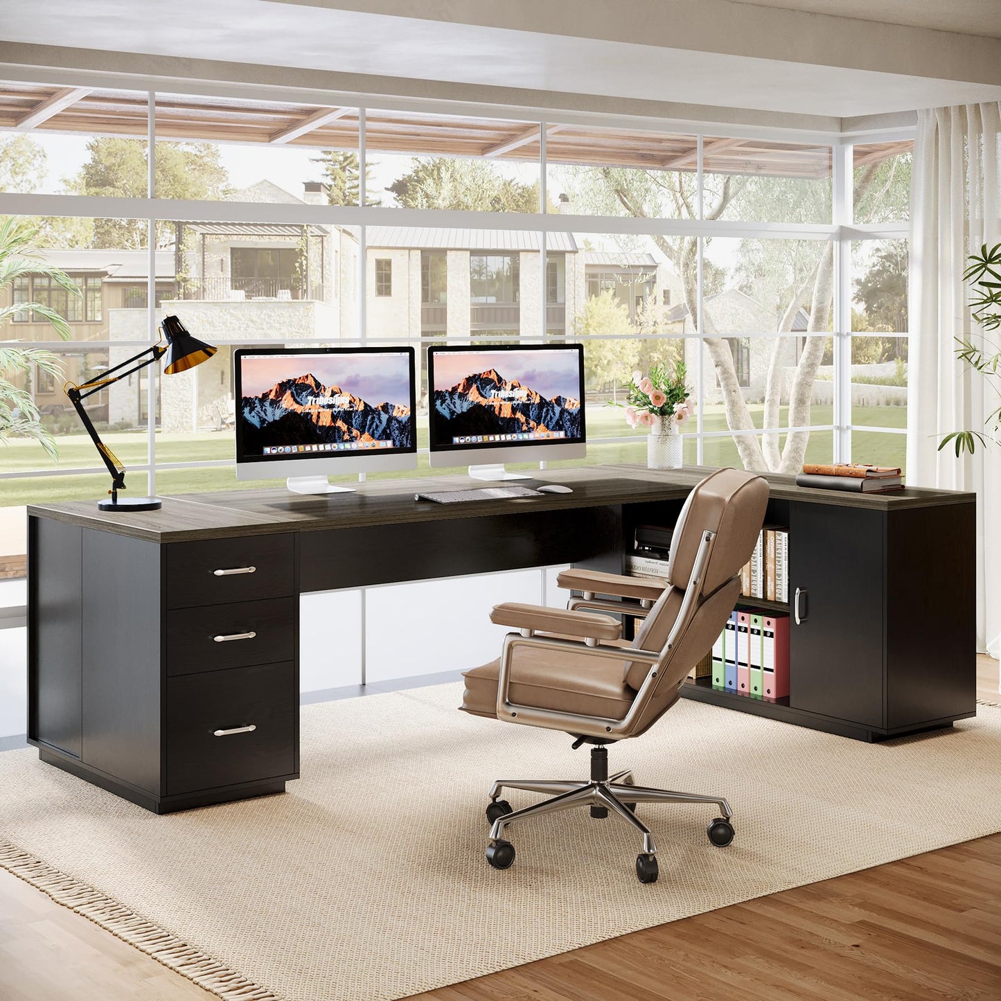 Tribesigns 85.8-Inch L-Shaped Executive Desk with File Drawers, Door Cabinet & Shelves, Extra Large Commercial Office Desk, Modern Professional Office Table, Business Furniture, Warm Brown & Black