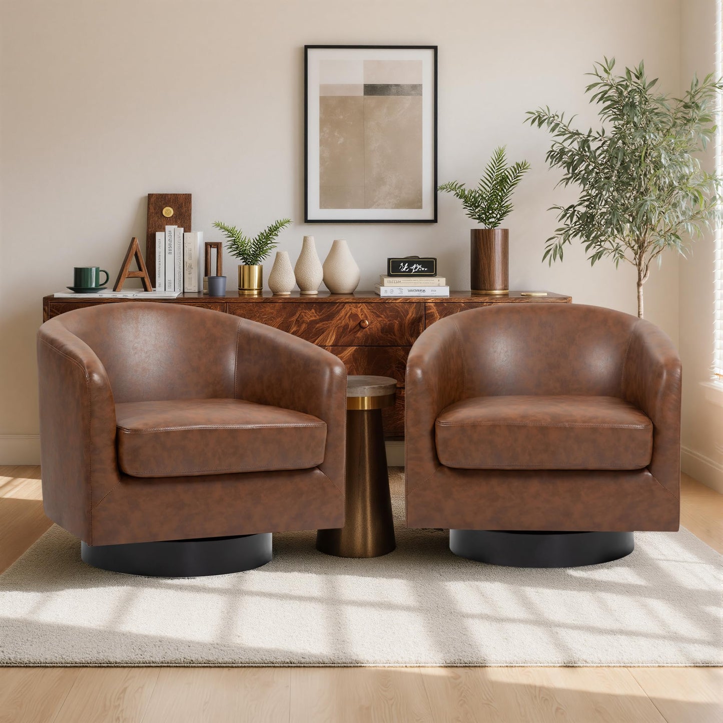 Swivel Barrel Chairs Set of 2, 31" W Modern Faux Leather Round Swivel Accent Chair for Living Room, 360° Rotation Upholstered Armchair Club Chair for Bedroom, Reading Room, Office (Brown)