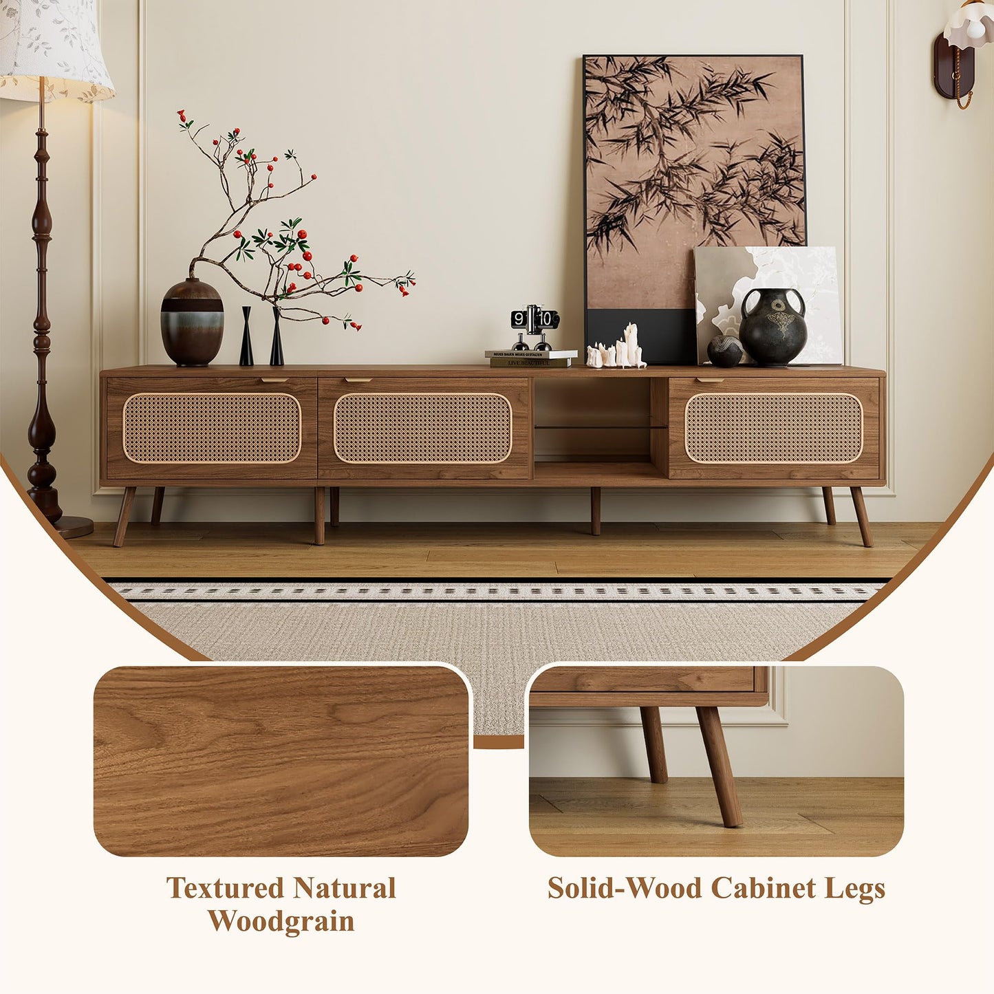 LKTART 67" Mid Century Modern TV Stand for 65/70/75/80" TVs,Entertainment Center with Sliding Doors and Drawers,Media Console for Living Room