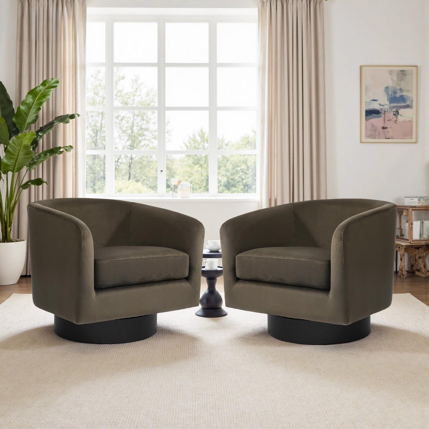 Swivel Barrel Accent Chairs Set of 2, Modern 360° Swivel Round Barrel Chair with Curve Back, Upholstered Velvet Fabric Armchair Single Sofa Club Chair for Living Room, Bedroom, Coffee