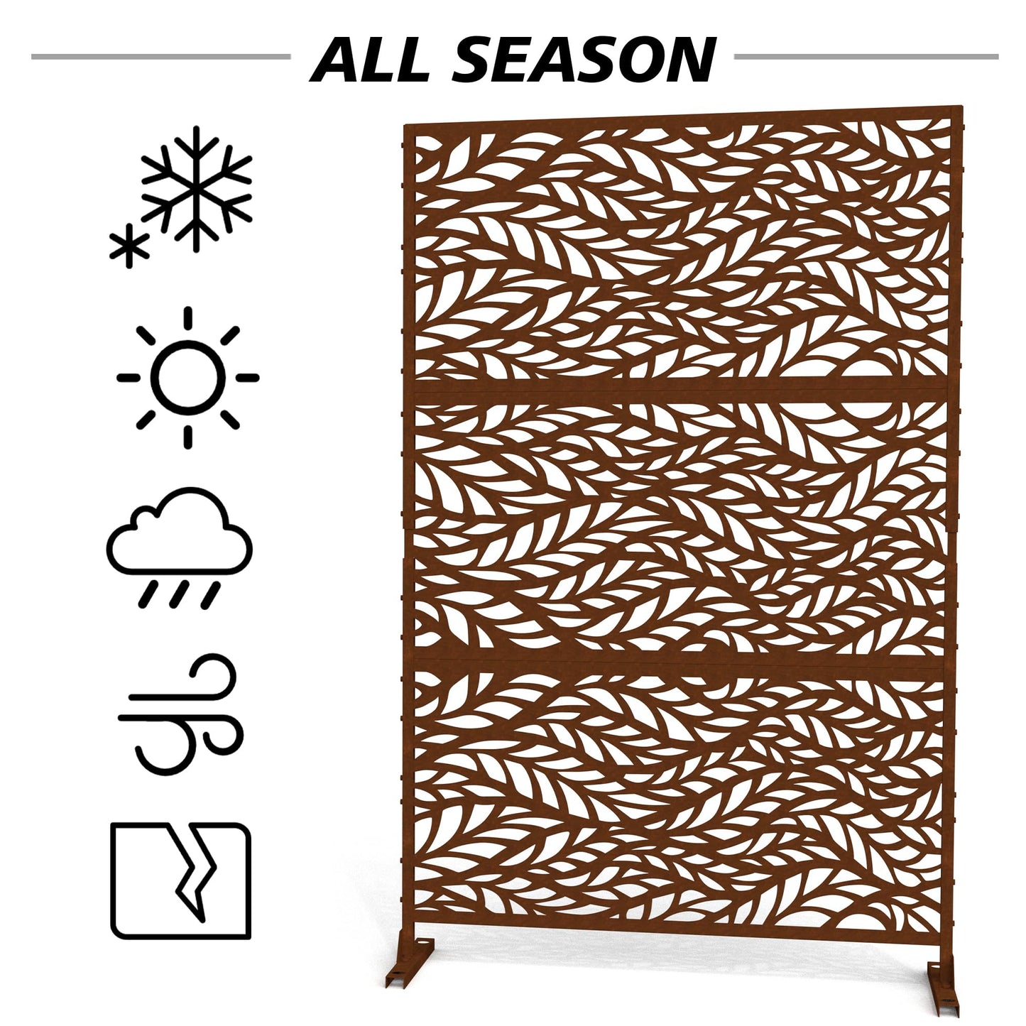 Outdoor Metal Privacy Screen with Stand, 72" H x 47" W Freestanding Outdoor Patio Divider, Decorative Patio Privacy Fence Panel for Garden Backyard Balcony Porch (Brown-Crossbanding)