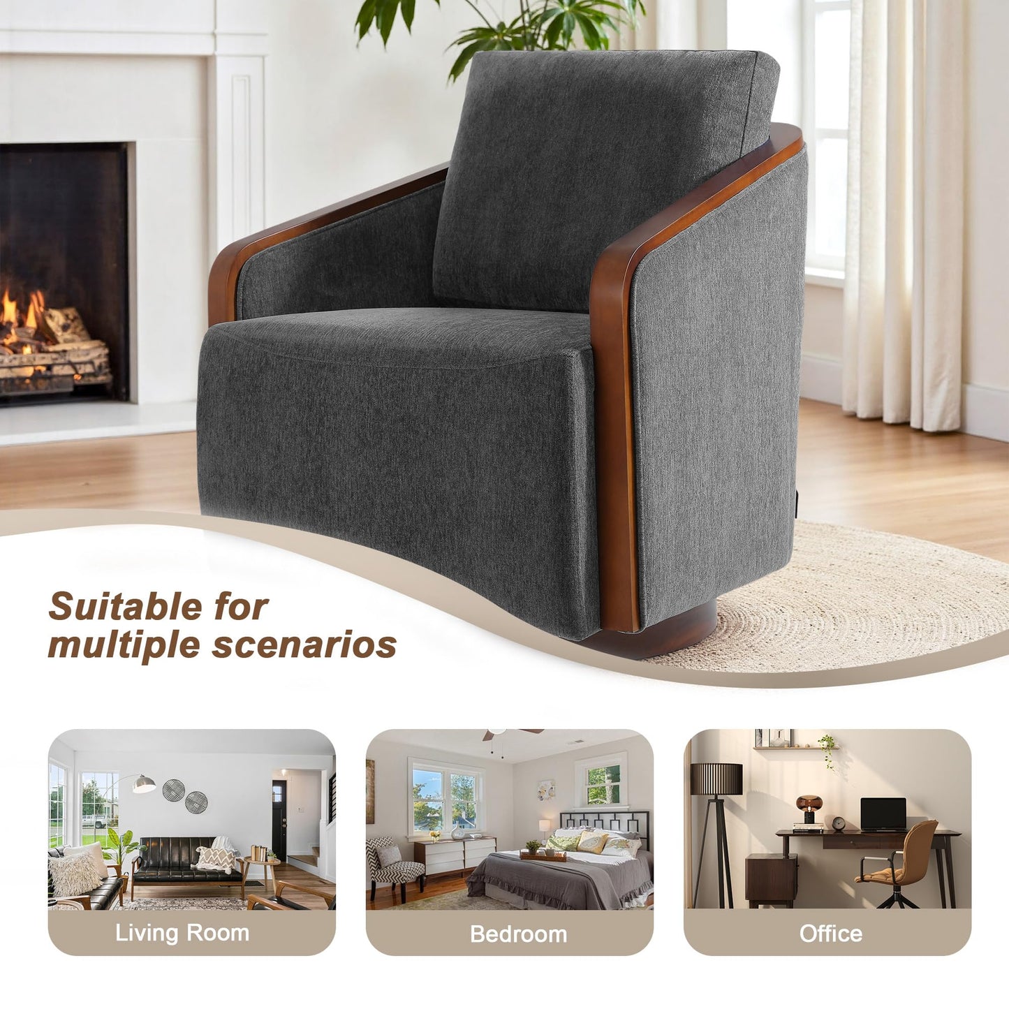 360° Swivel Barrel Chairs Set of 2, Upholstered Swivel Round Barrel Chair, Comfy Chenille Fabric Single Club Armchair Accent Chair for Living Room, Reading Room, Bedroom, Beige Brown