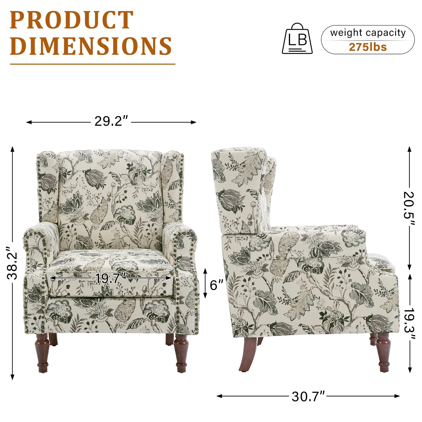 Floral Wingback Accent Chair, High Back Upholstered Armchair, Comfy Fabric Wingback Arms Chairs with Solid Wood Legs, Single Sofa Reading Chair for Bedroom Living Room, Beige